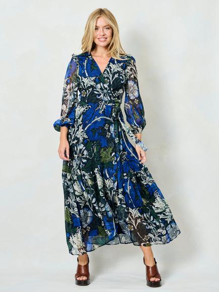 Hope & Ivy x The William Morris Society The Chrysanthemum Floral Midi Dress, Blue/Multi, Blue/Multi