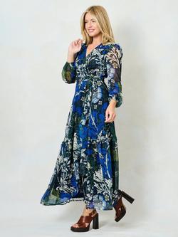 Hope & Ivy x The William Morris Society The Chrysanthemum Floral Midi Dress, Blue/Multi - view 2, Blue/Multi