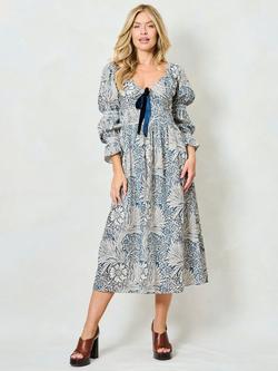 Hope & Ivy x The William Morris Society The Juniper Floral Bow Detail Dress, Blue/Multi, Blue/Multi