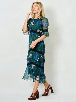 Hope & Ivy x The William Morris Society The Jemima Floral Tiered Dress, Green/Multi - view 2, Green/Multi