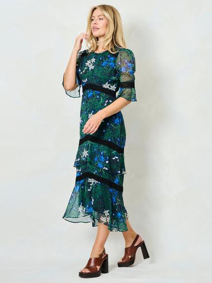 Hope & Ivy x The William Morris Society The Jemima Floral Tiered Dress, Green/Multi - view 2, Green/Multi