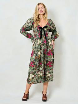 Hope & Ivy x The William Morris Society The Mildred Floral Midi Dress, Green/Multi, Green/Multi