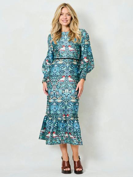 Hope & Ivy x The William Morris Society The Paisley Floral Midi Dress, Blue/Green, Blue/Green