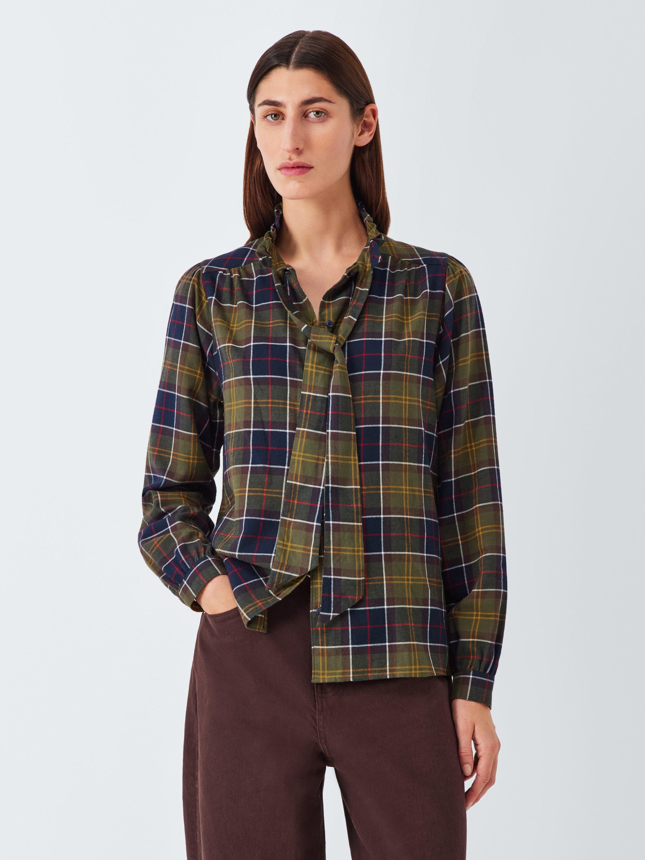 Barbour Gabriella Tartan Tie Neck Shirt, Green/Multi