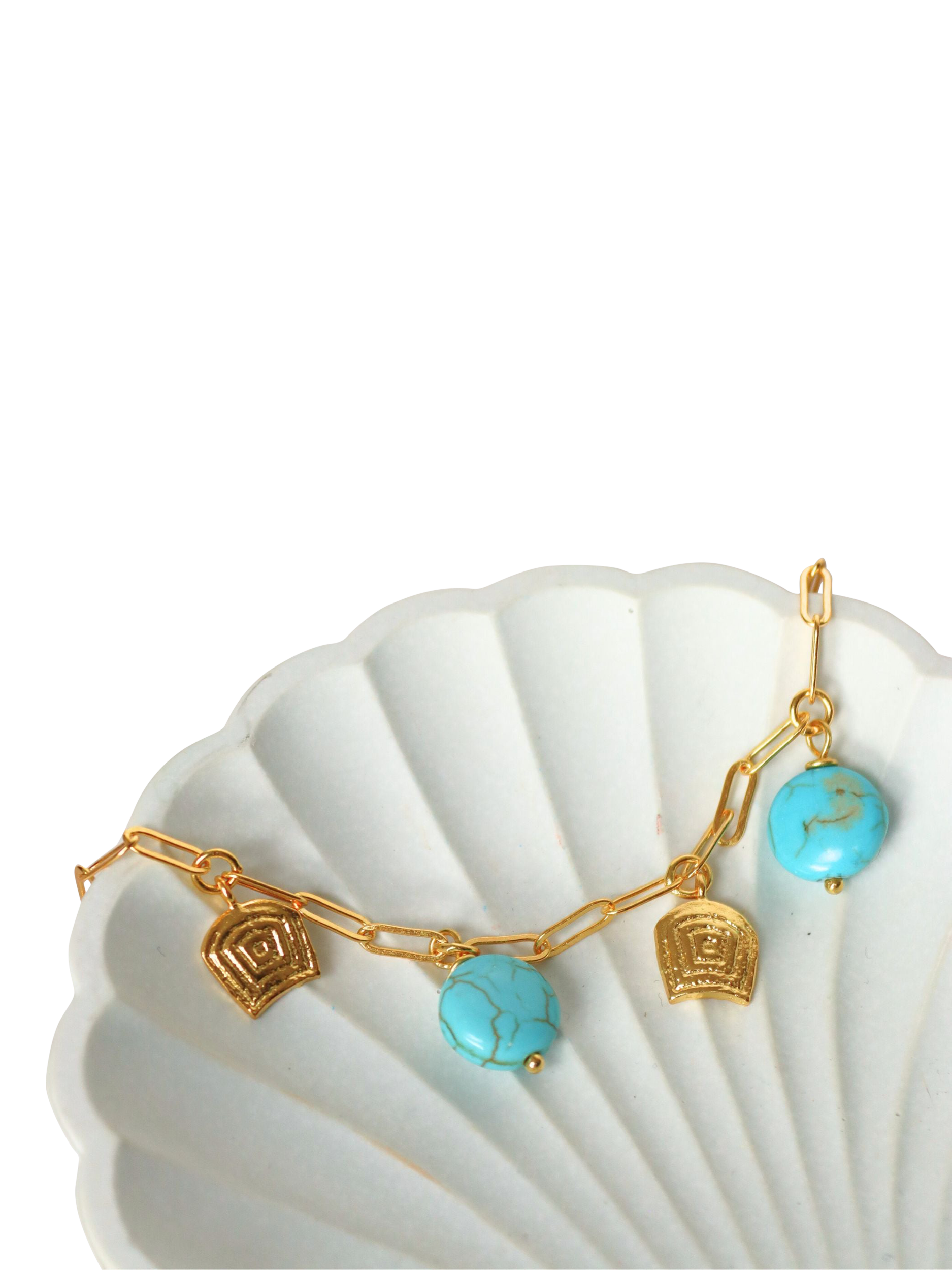 Product image 2 of 5, which shows Ottoman Hands Amore Turquoise Charm Chain Bracelet, Gold