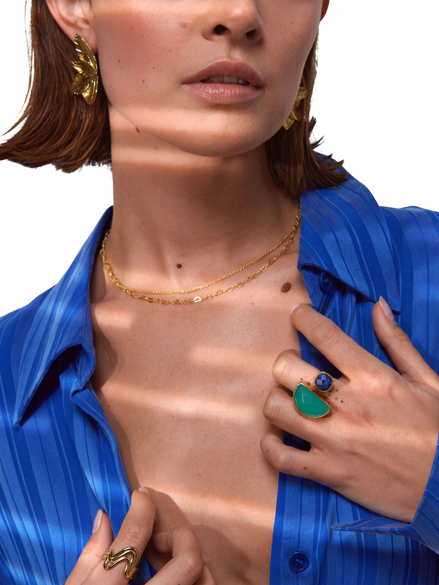 Product image 3 of 6, which shows Ottoman Hands Avery Lapis and Aqua Chalcedony Cocktail Ring, Gold, One Size