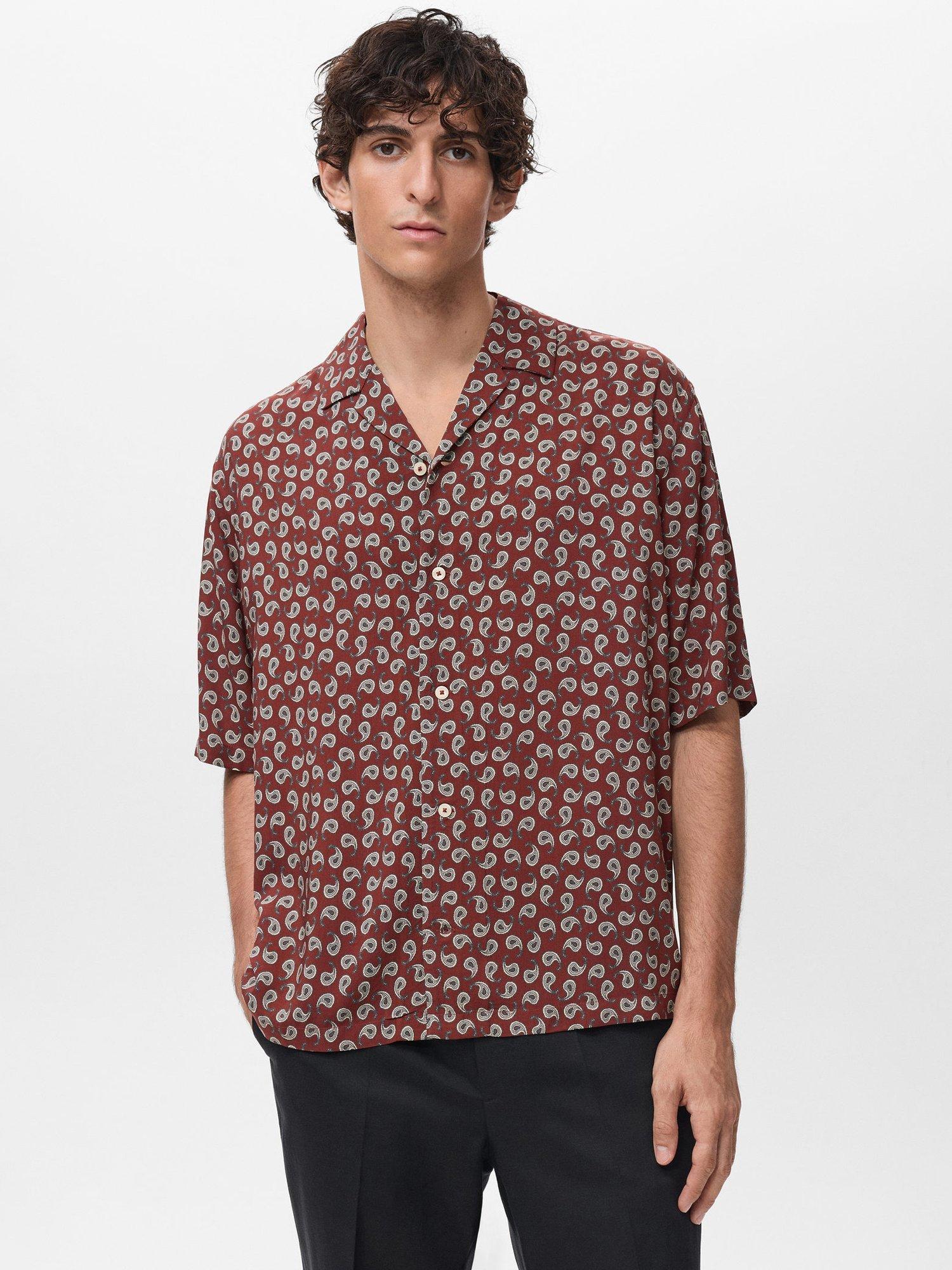Product image 1 of 8, which shows Mango Short Sleeve Paisley Print Shirt, Dark Red, L