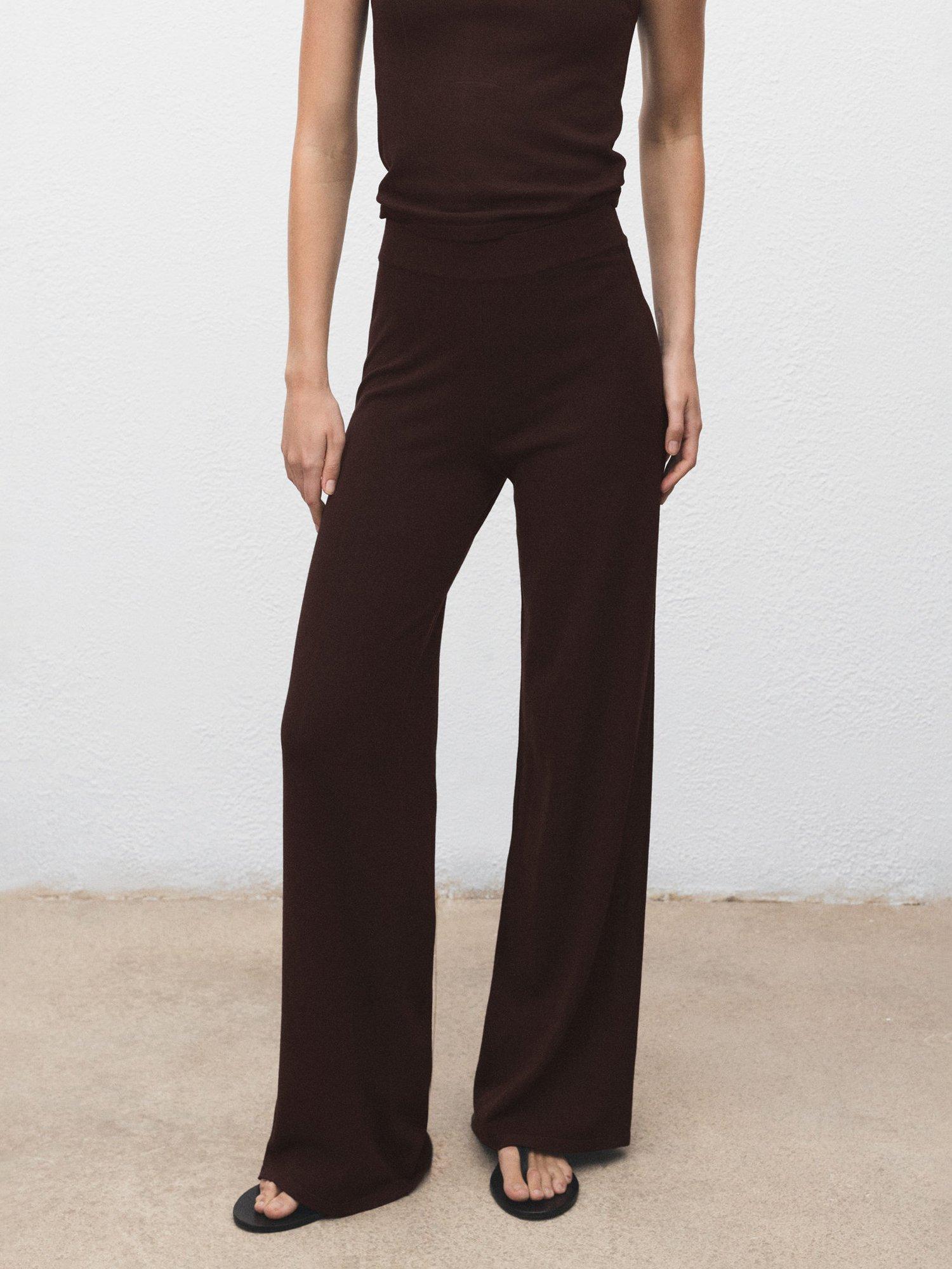 Product image 1 of 8, which shows Mango Almibi Knit Wide Leg Trousers, Dark Brown, 5XL