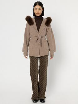 Gerard Darel Elo Faux Fur Neck Pure Cashmere Cardigan, Beige - view 2, Beige