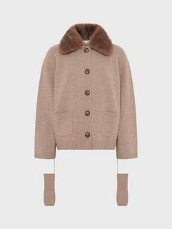 Gerard Darel Elena Faux Fur Collar Pure Cashmere Cardigan, Beige