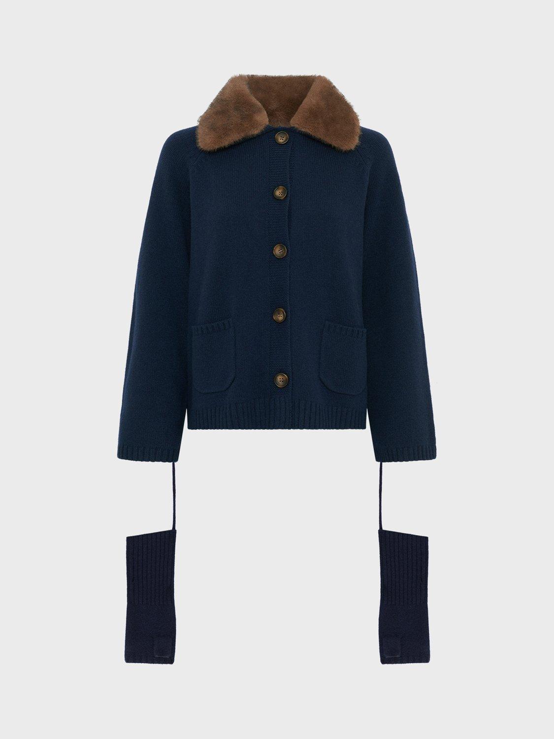 Gerard Darel Elena Faux Fur Collar Pure Cashmere Cardigan, Navy