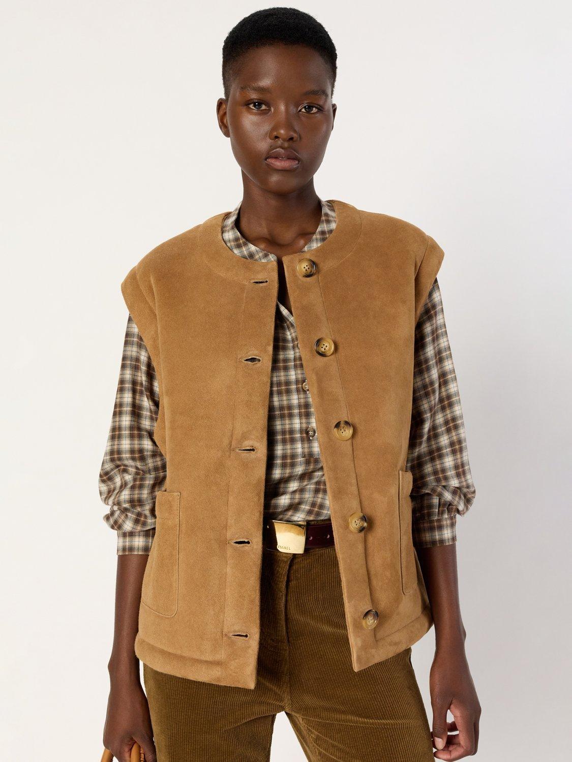 Product image 1 of 6, which shows Gerard Darel Melissa Leather Fur Gilet, Camel, 10