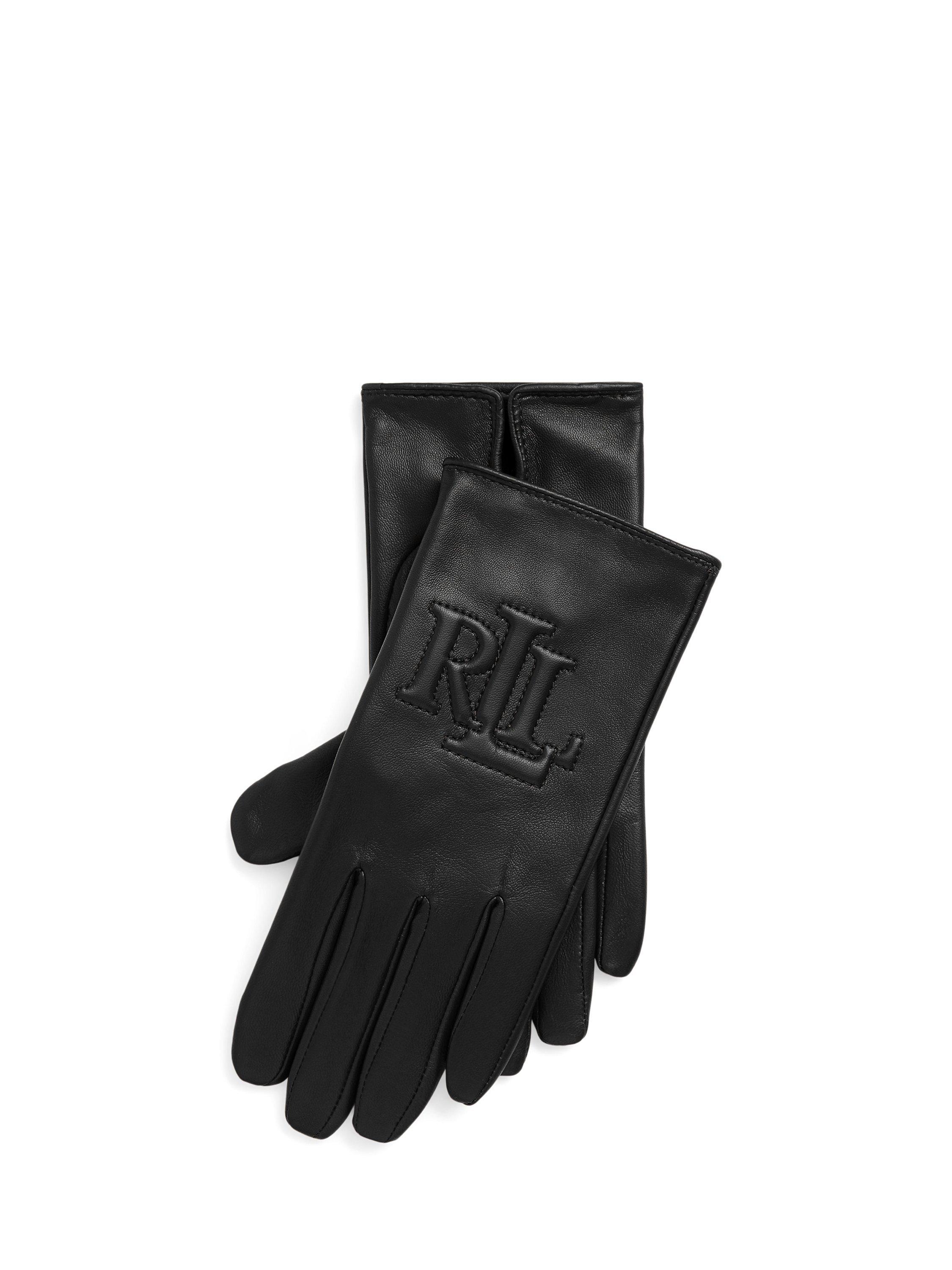 Product image 1 of 2, which shows Ralph Lauren Logo Embossed Sheepskin Leather Tech Gloves, Black, S
