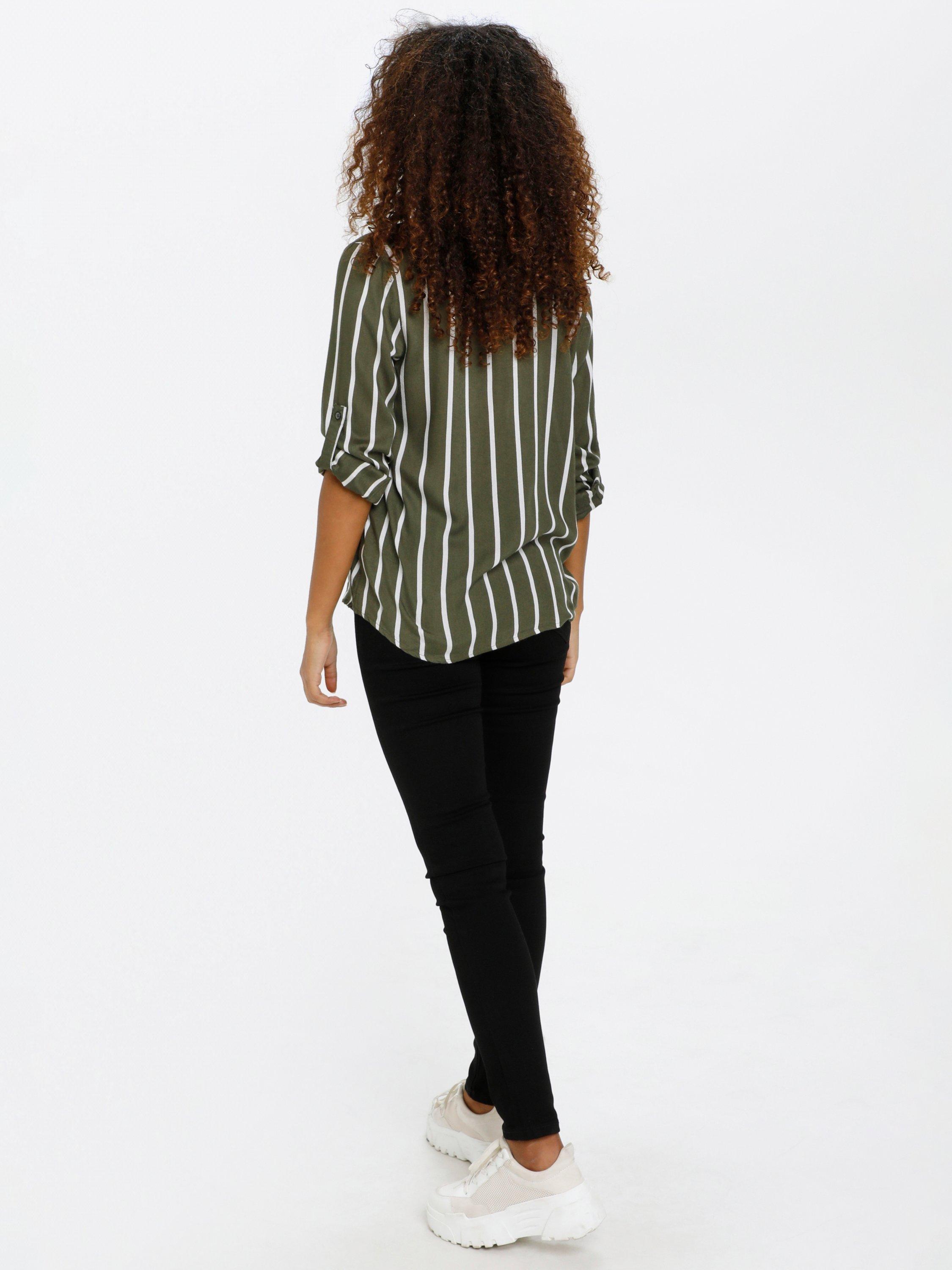 Product image 2 of 5, which shows KAFFE Stridy Stripe Long Sleeve V Neck Blouse, Green/Multi, 10