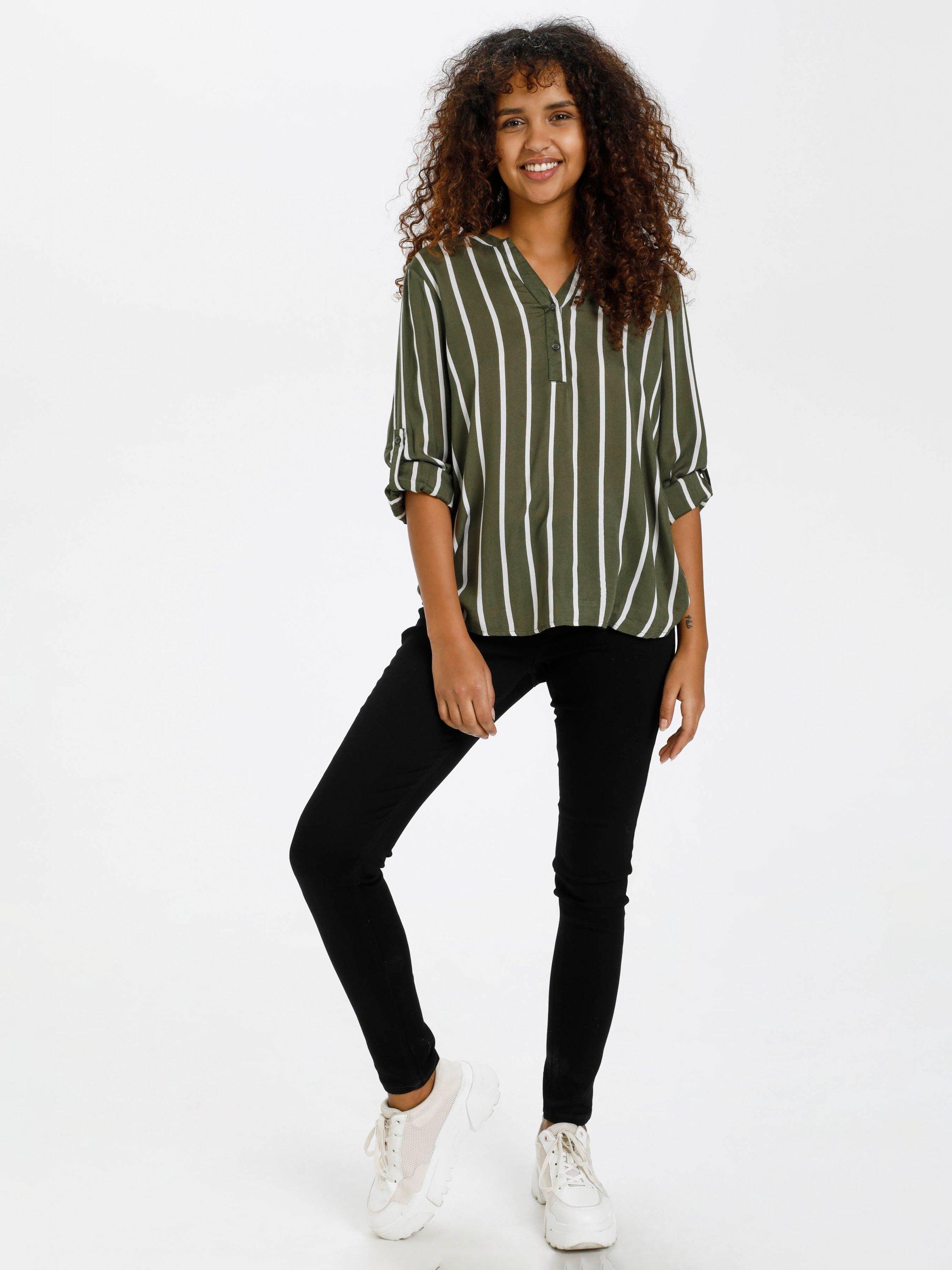 Product image 3 of 5, which shows KAFFE Stridy Stripe Long Sleeve V Neck Blouse, Green/Multi, 10