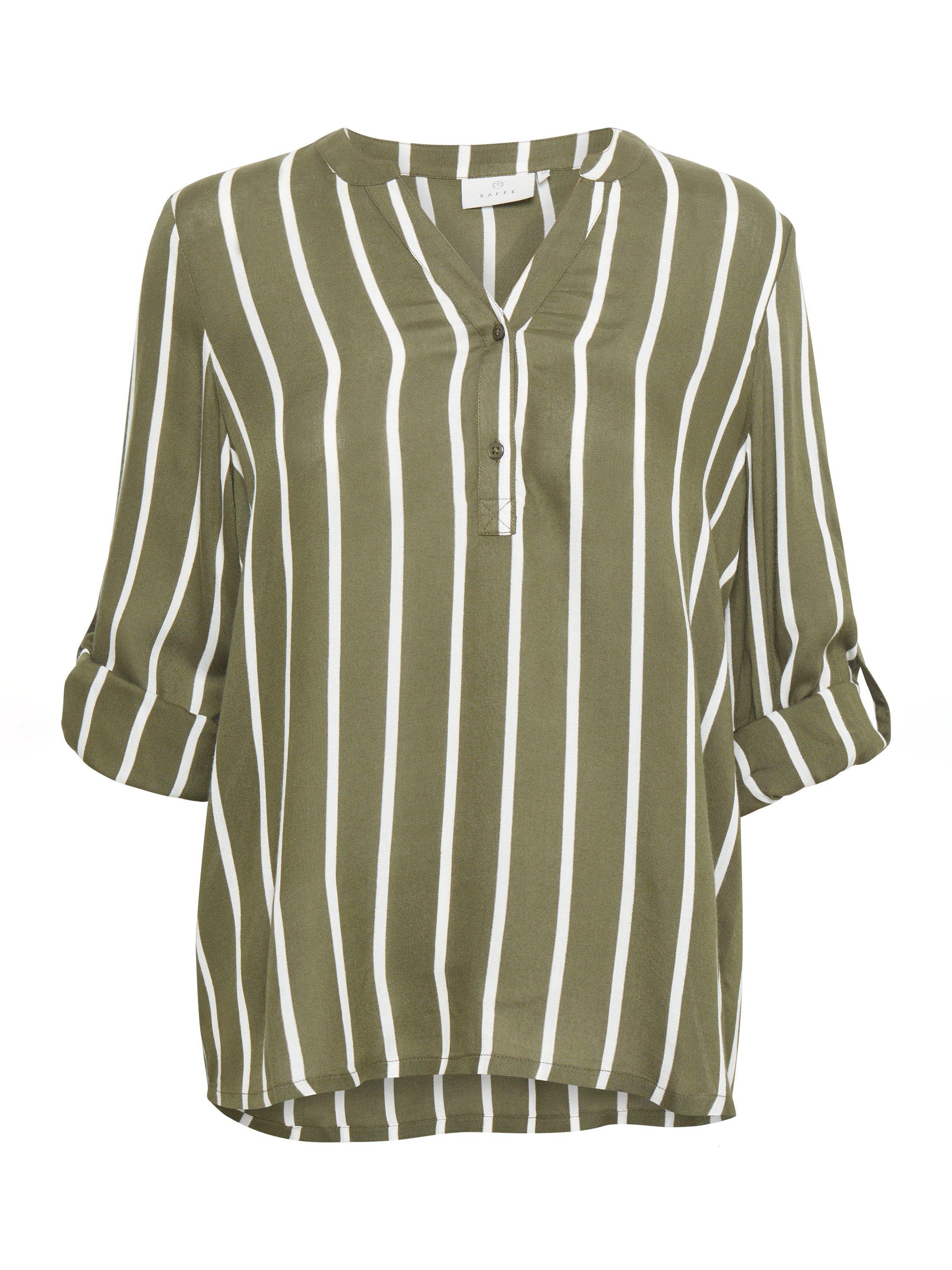 Product image 4 of 5, which shows KAFFE Stridy Stripe Long Sleeve V Neck Blouse, Green/Multi, 10