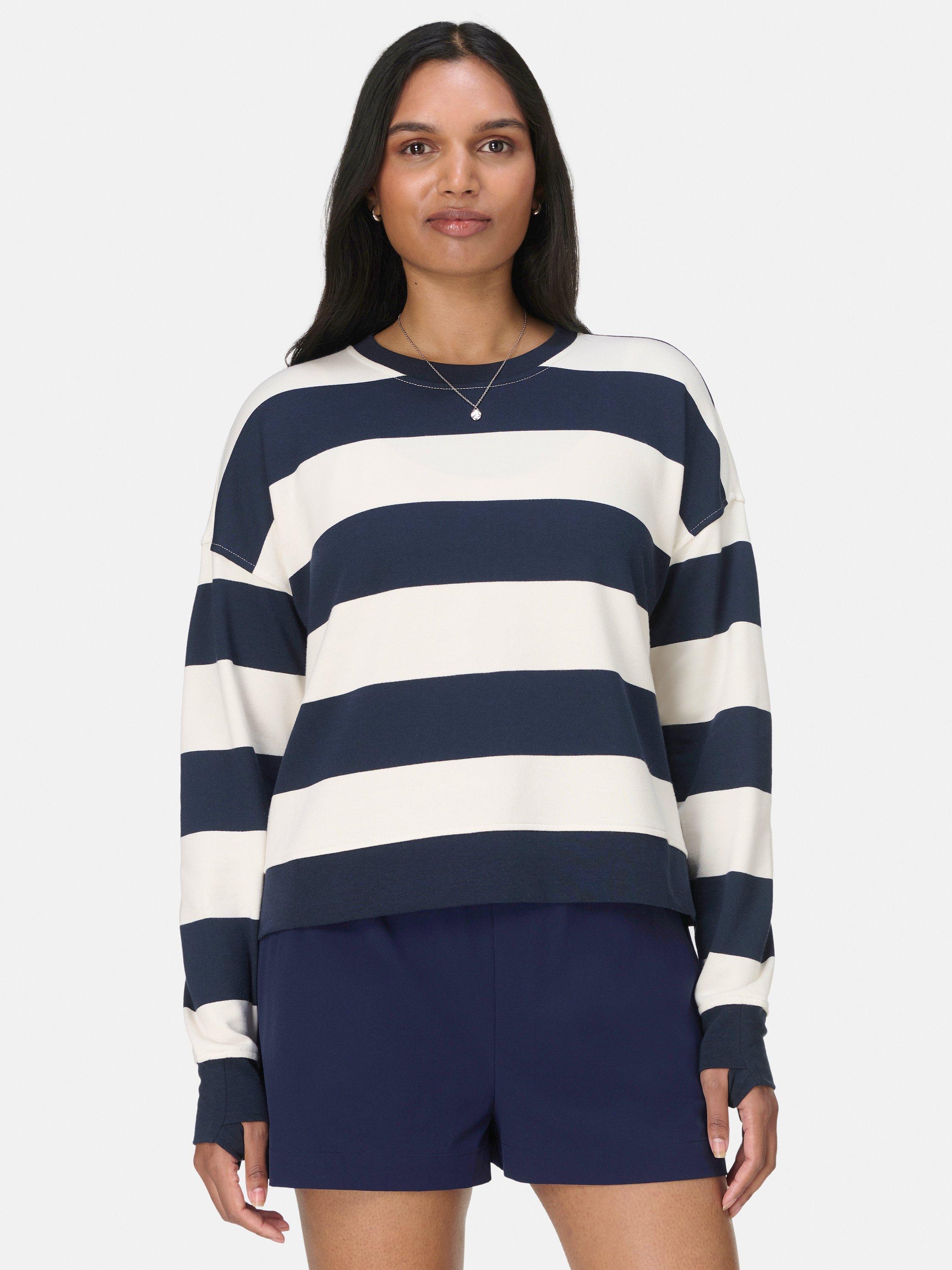 Product image 1 of 7, which shows Sweaty Betty Post-Workout Cotton Crew Neck Sweatshirt, White/Navy, XXS