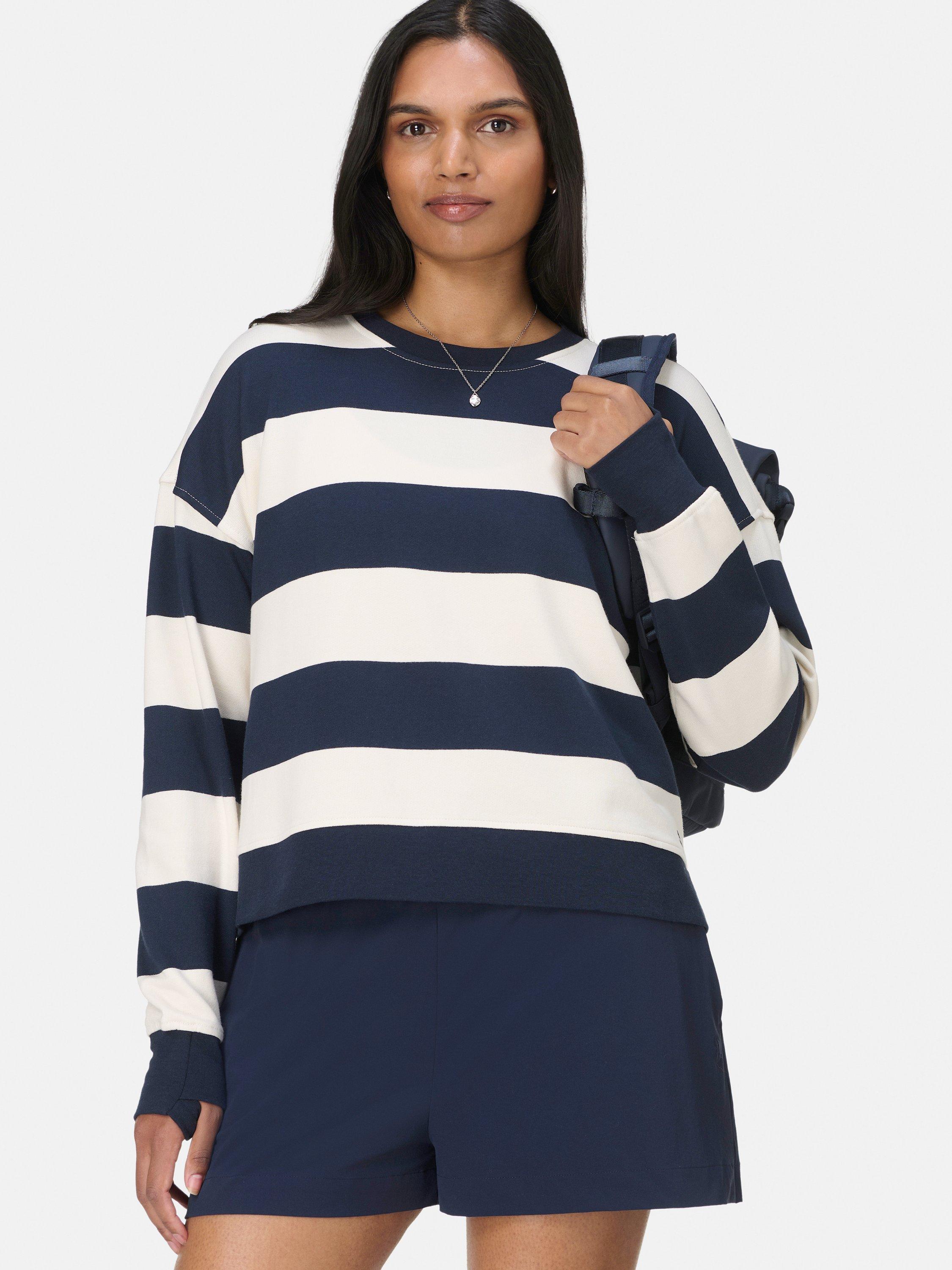 Product image 2 of 7, which shows Sweaty Betty Post-Workout Cotton Crew Neck Sweatshirt, White/Navy, XXS