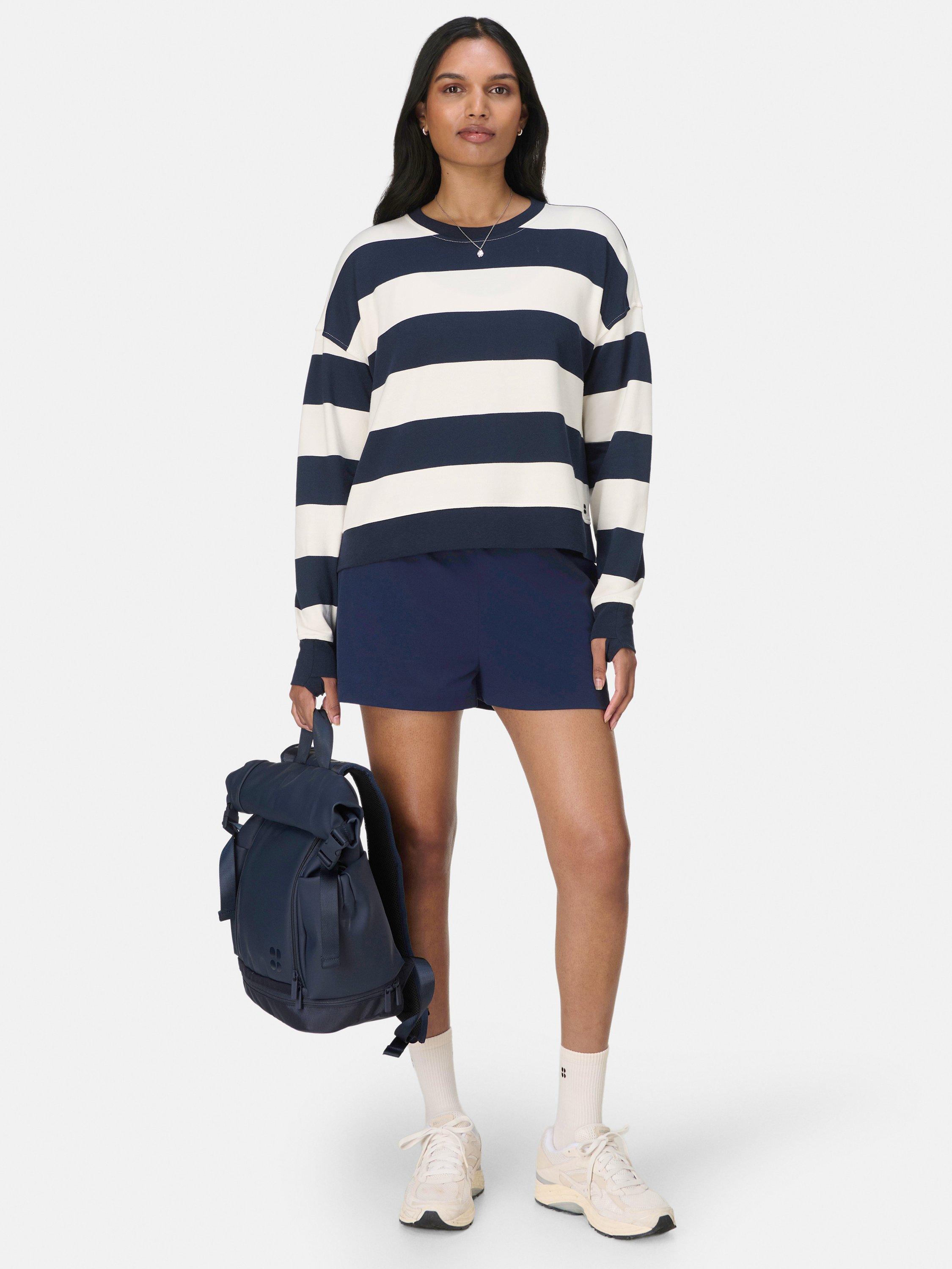 Product image 3 of 7, which shows Sweaty Betty Post-Workout Cotton Crew Neck Sweatshirt, White/Navy, XXS