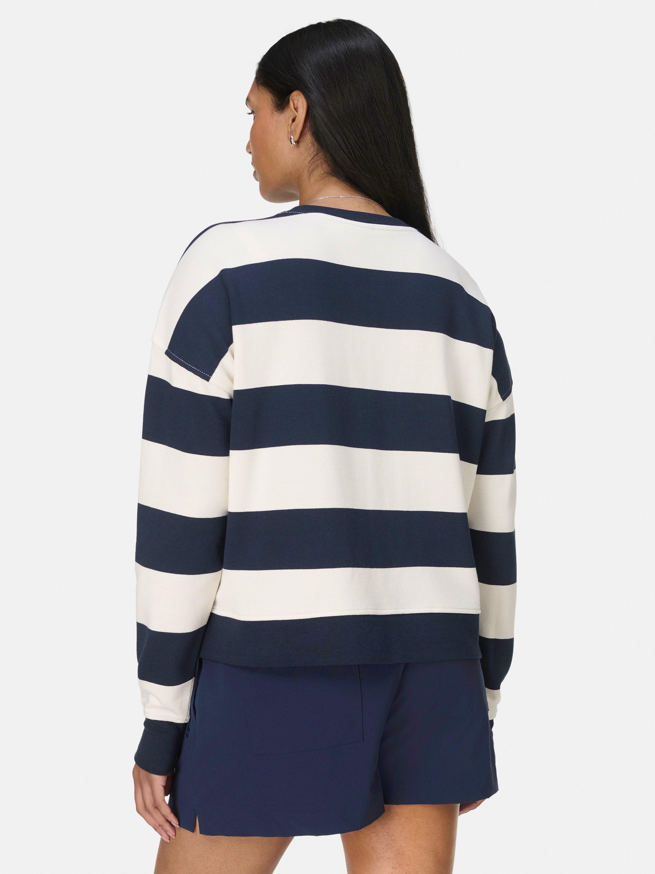 Product image 4 of 7, which shows Sweaty Betty Post-Workout Cotton Crew Neck Sweatshirt, White/Navy, XXS