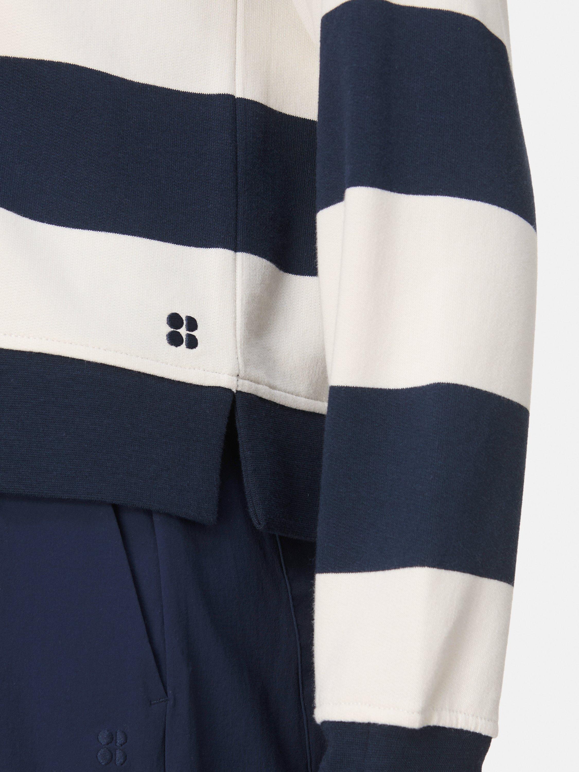Product image 5 of 7, which shows Sweaty Betty Post-Workout Cotton Crew Neck Sweatshirt, White/Navy, XXS