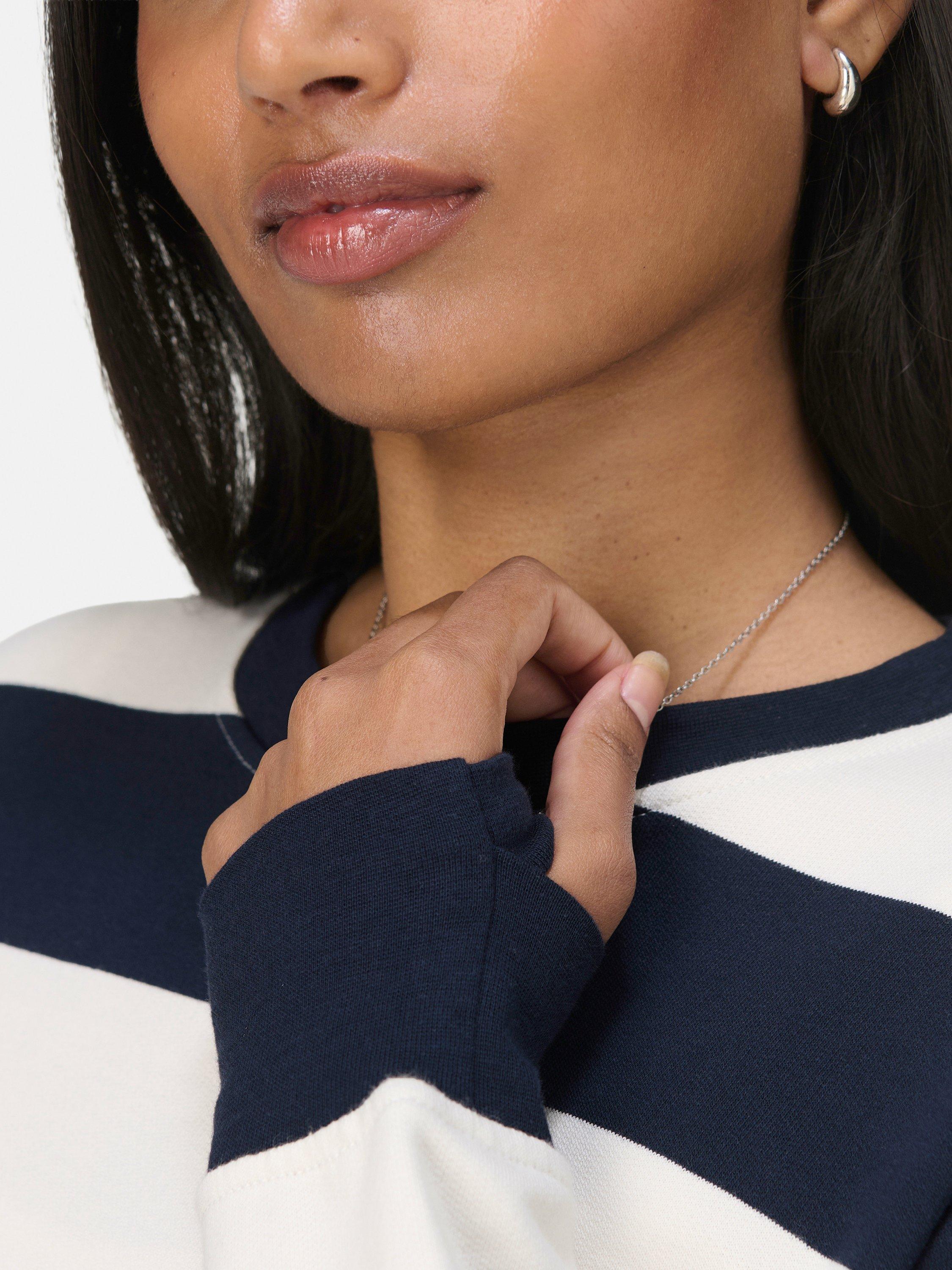 Product image 6 of 7, which shows Sweaty Betty Post-Workout Cotton Crew Neck Sweatshirt, White/Navy, XXS