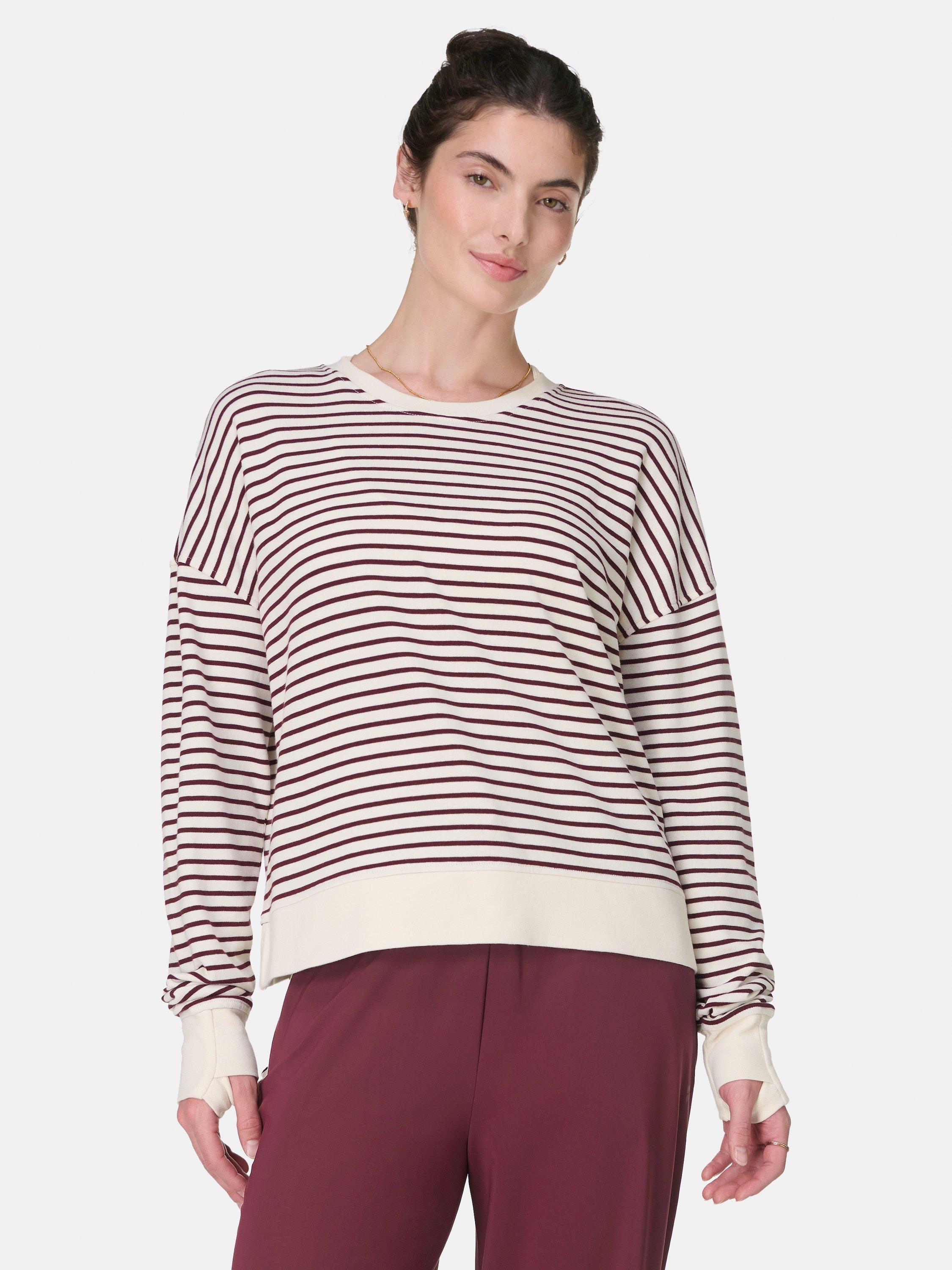 Product image 1 of 7, which shows Sweaty Betty After Class Stripe Cropped Longline Sweatshirt, Lilywhite Garnet, XXS