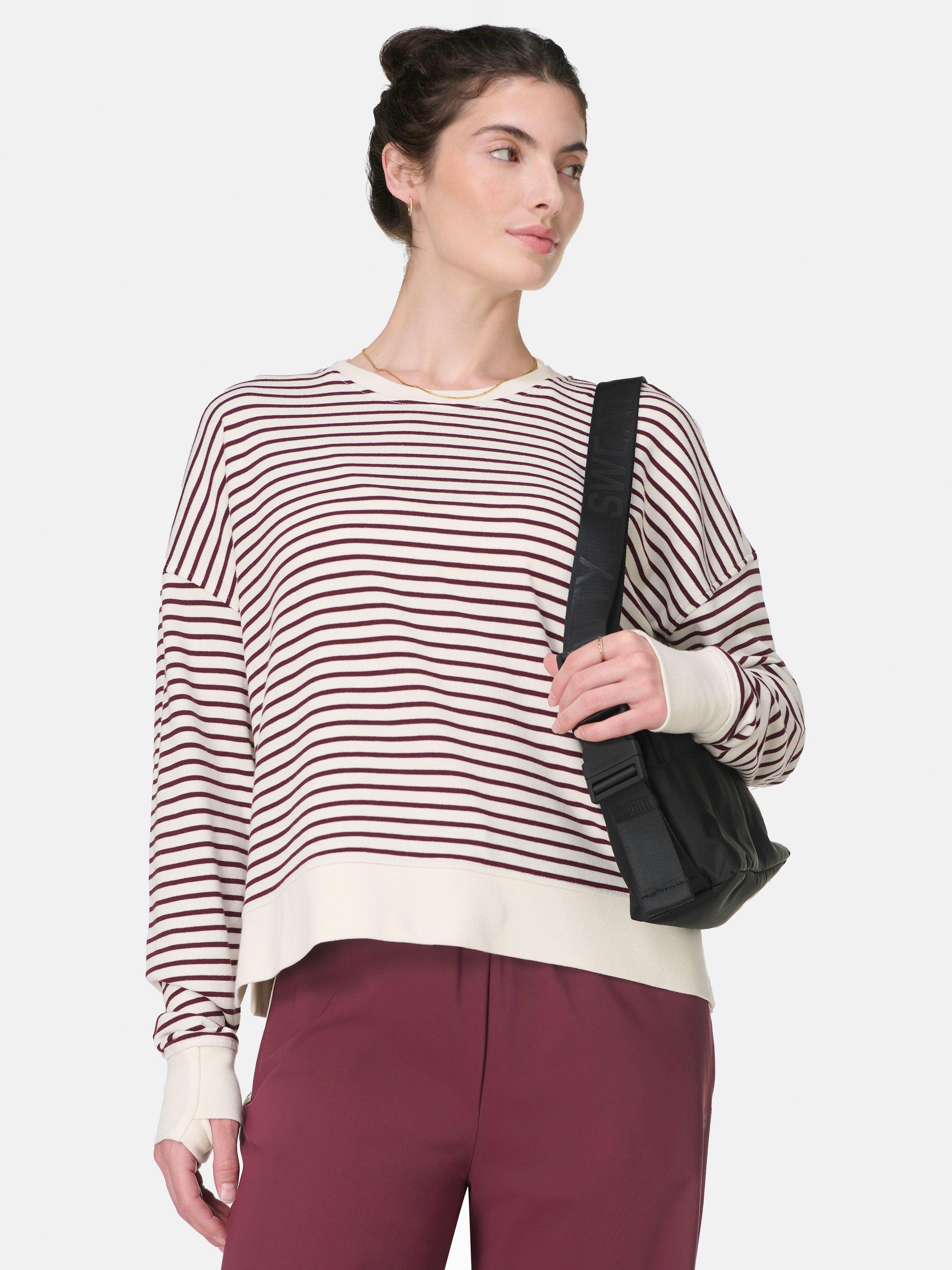 Product image 2 of 7, which shows Sweaty Betty After Class Stripe Cropped Longline Sweatshirt, Lilywhite Garnet, XXS