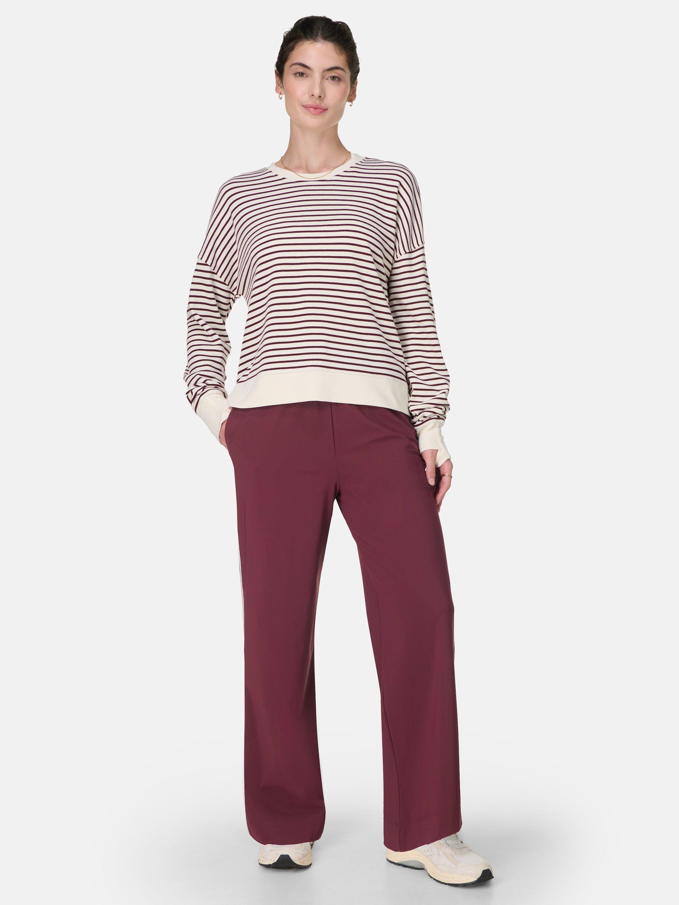 Product image 3 of 7, which shows Sweaty Betty After Class Stripe Cropped Longline Sweatshirt, Lilywhite Garnet, XXS