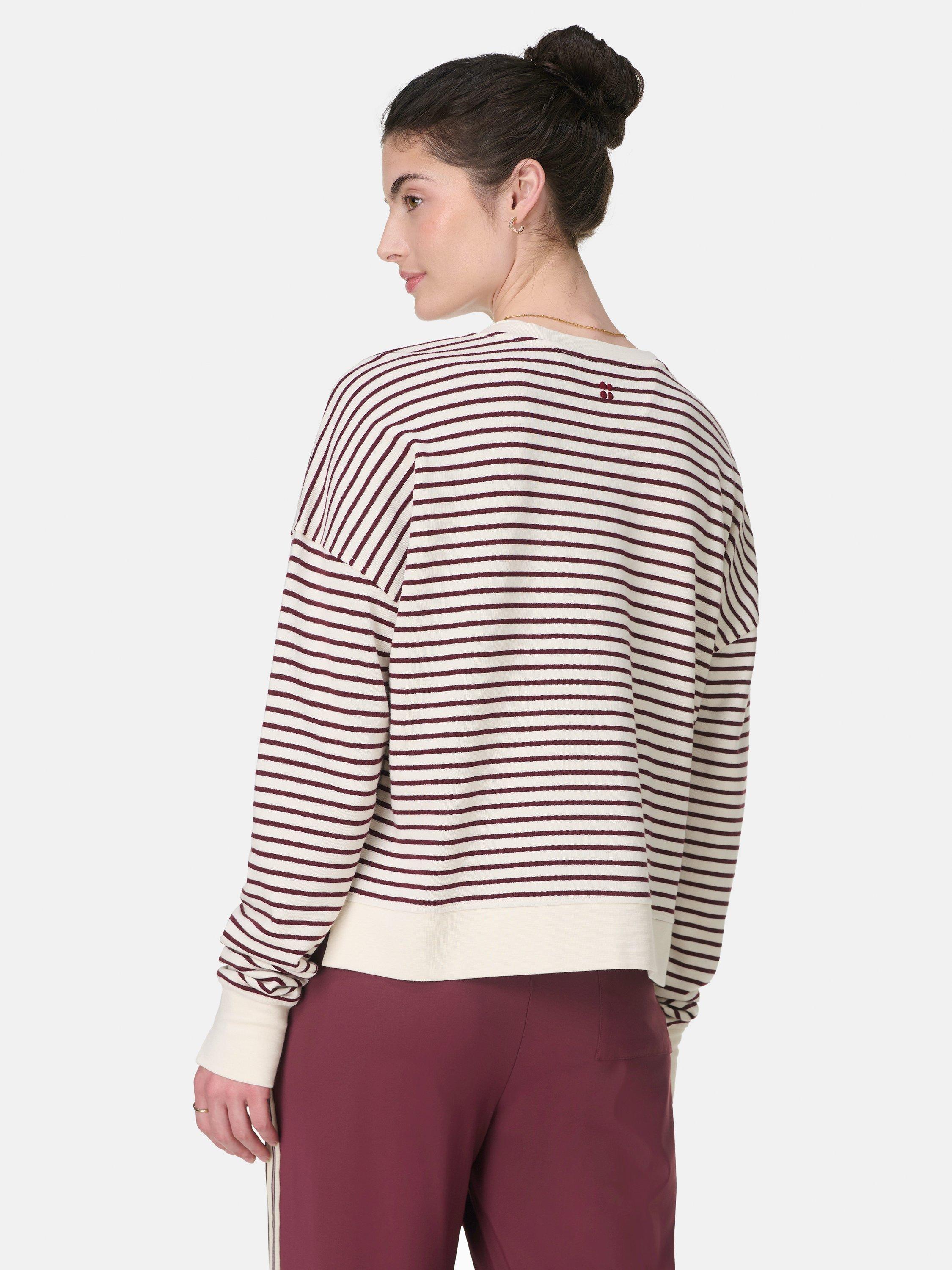 Product image 4 of 7, which shows Sweaty Betty After Class Stripe Cropped Longline Sweatshirt, Lilywhite Garnet, XXS