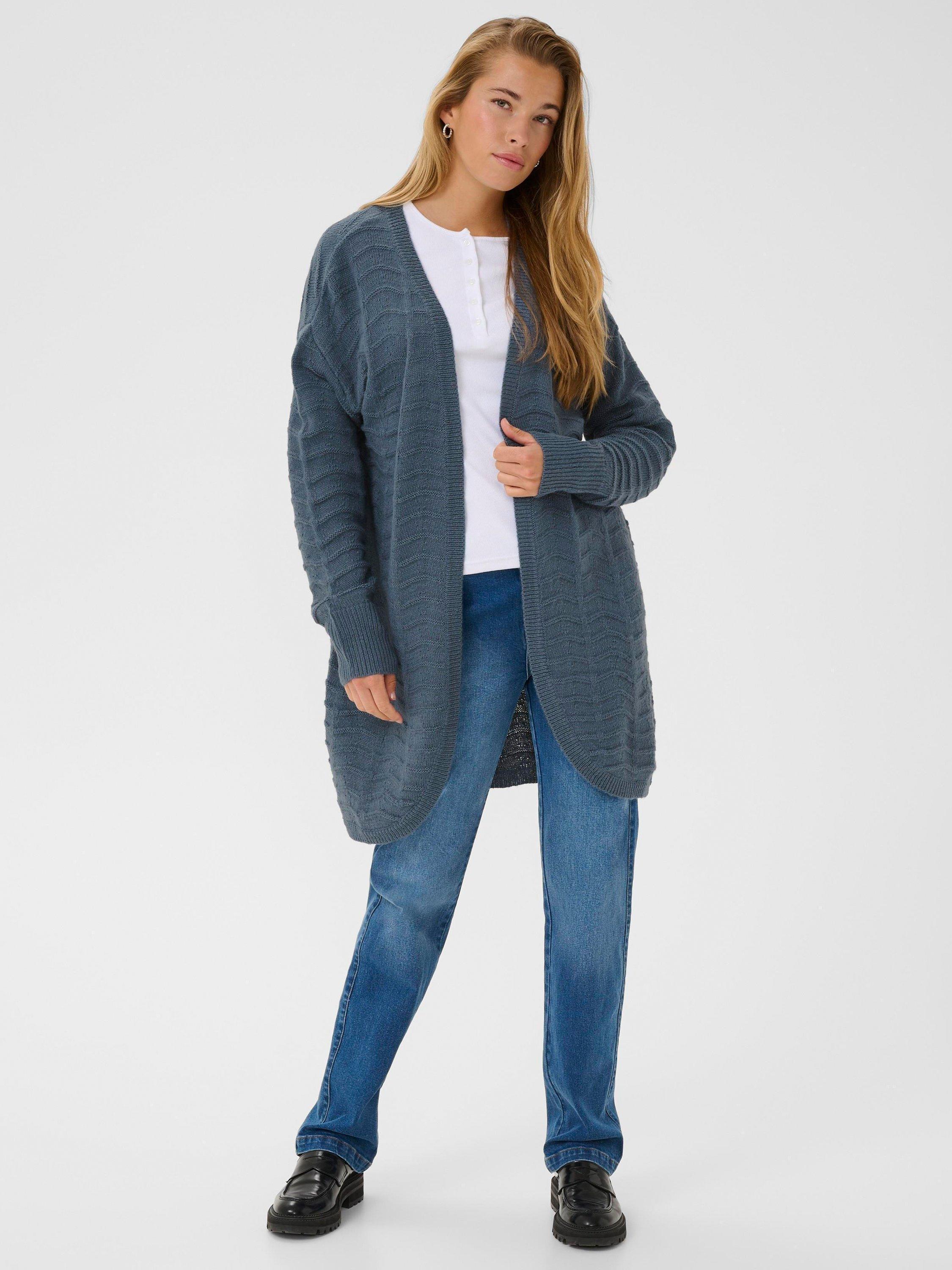 Product image 3 of 6, which shows KAFFE KAemria Longline Open Neck Cardigan, Mid Blue, L