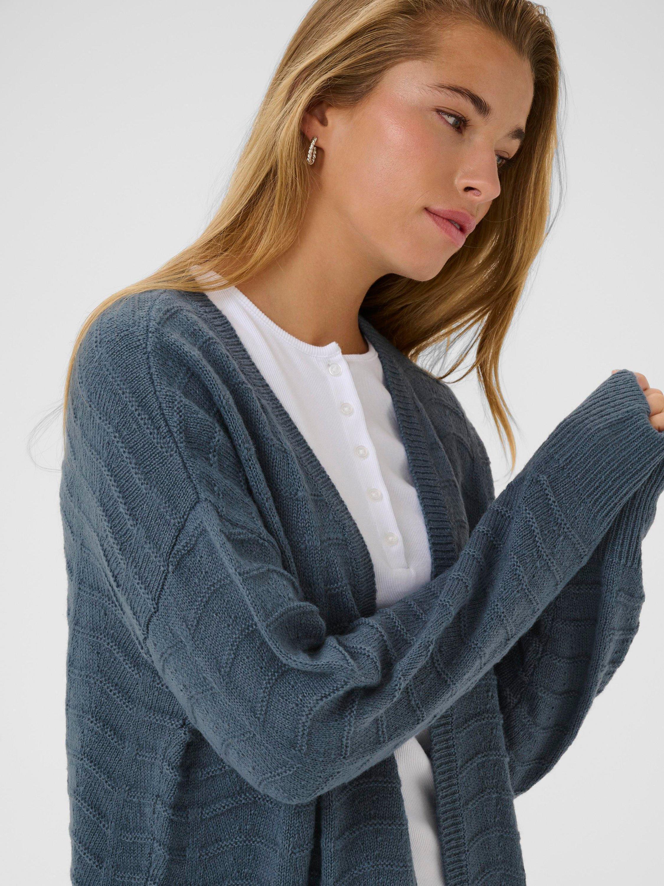 Product image 4 of 6, which shows KAFFE KAemria Longline Open Neck Cardigan, Mid Blue, L