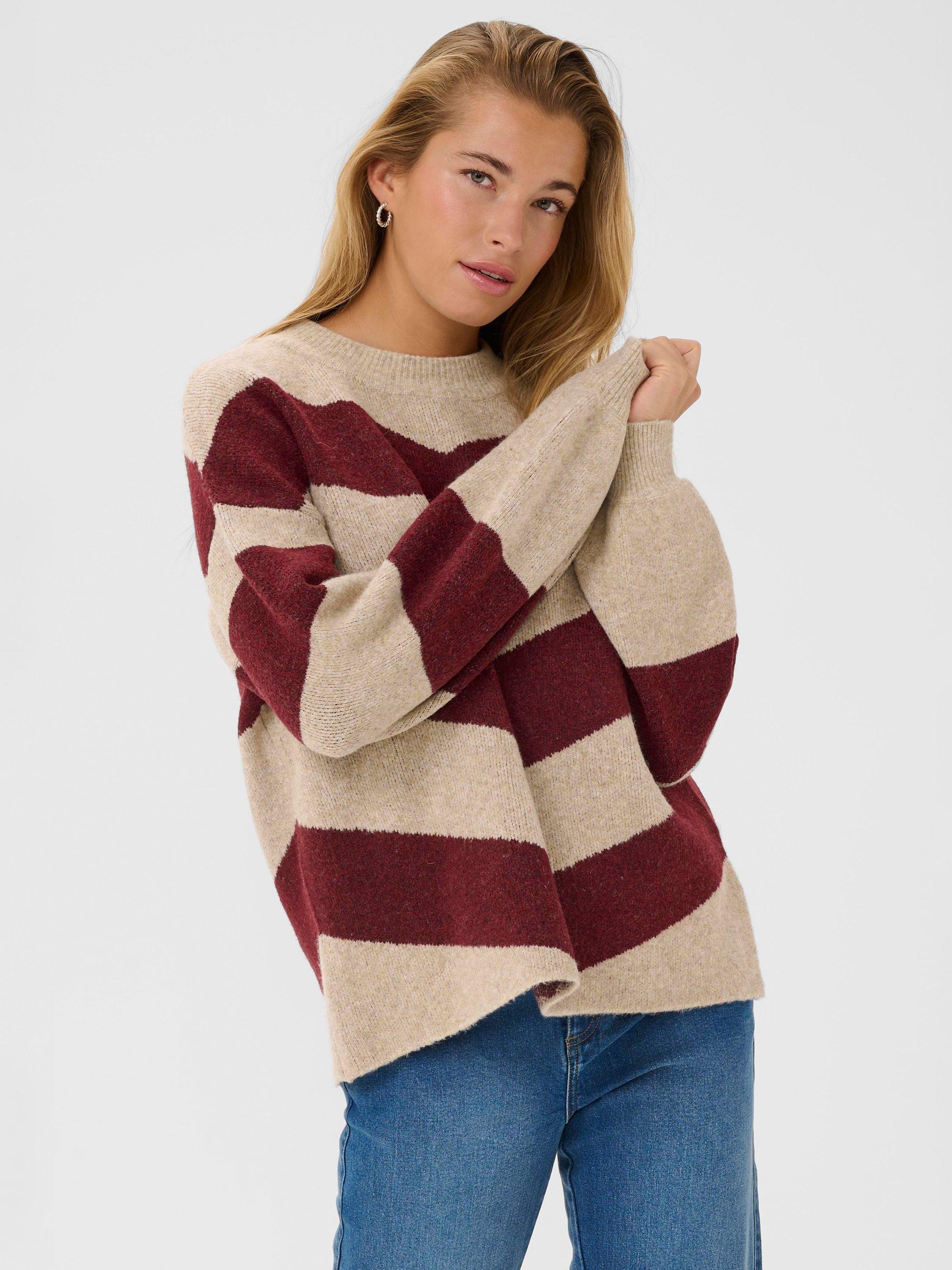 Product image 1 of 6, which shows KAFFE KAverana Striped Long Sleeve Wool Blend Pullover, Red/Multi, XS