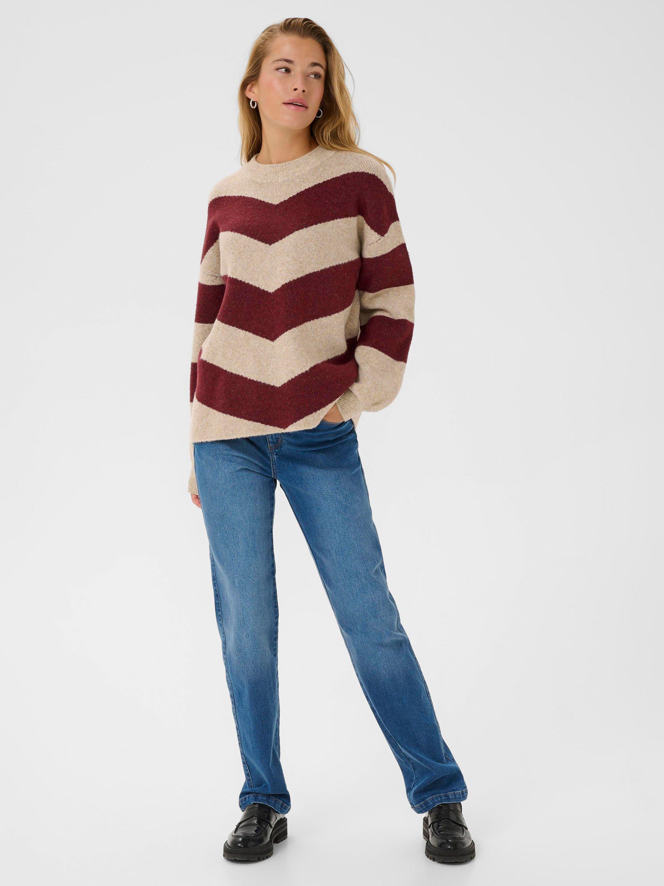 Product image 3 of 6, which shows KAFFE KAverana Striped Long Sleeve Wool Blend Pullover, Red/Multi, XS
