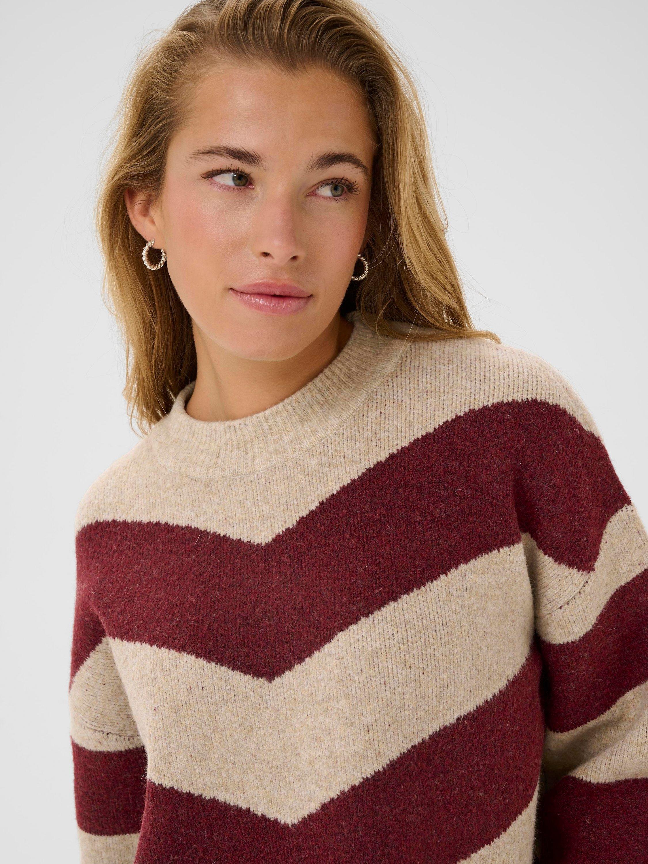 Product image 4 of 6, which shows KAFFE KAverana Striped Long Sleeve Wool Blend Pullover, Red/Multi, XS