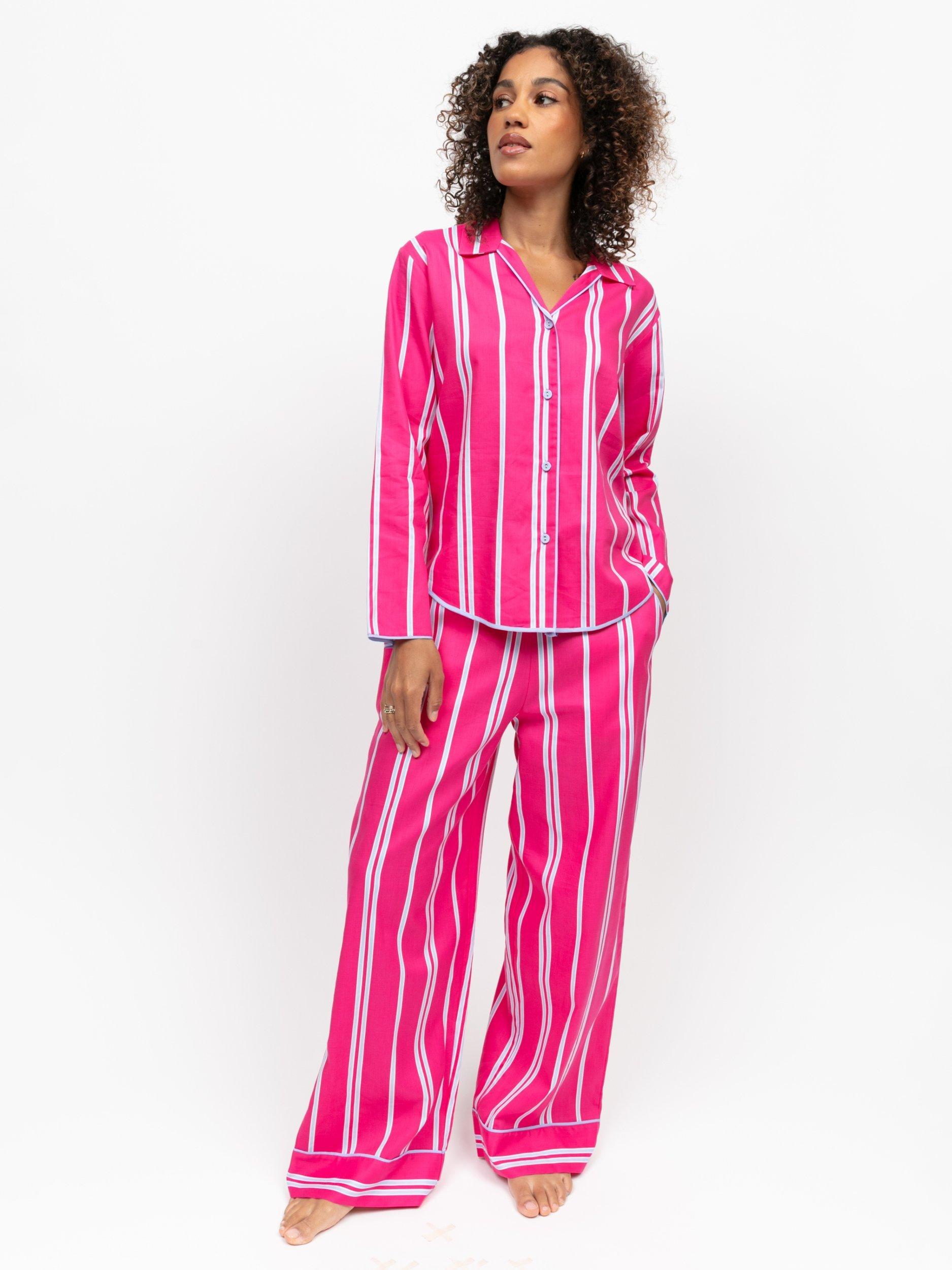 Product image 1 of 4, which shows Cyberjammies Chloe Stripe Button Through Long Pyjama Set, Pink, 8