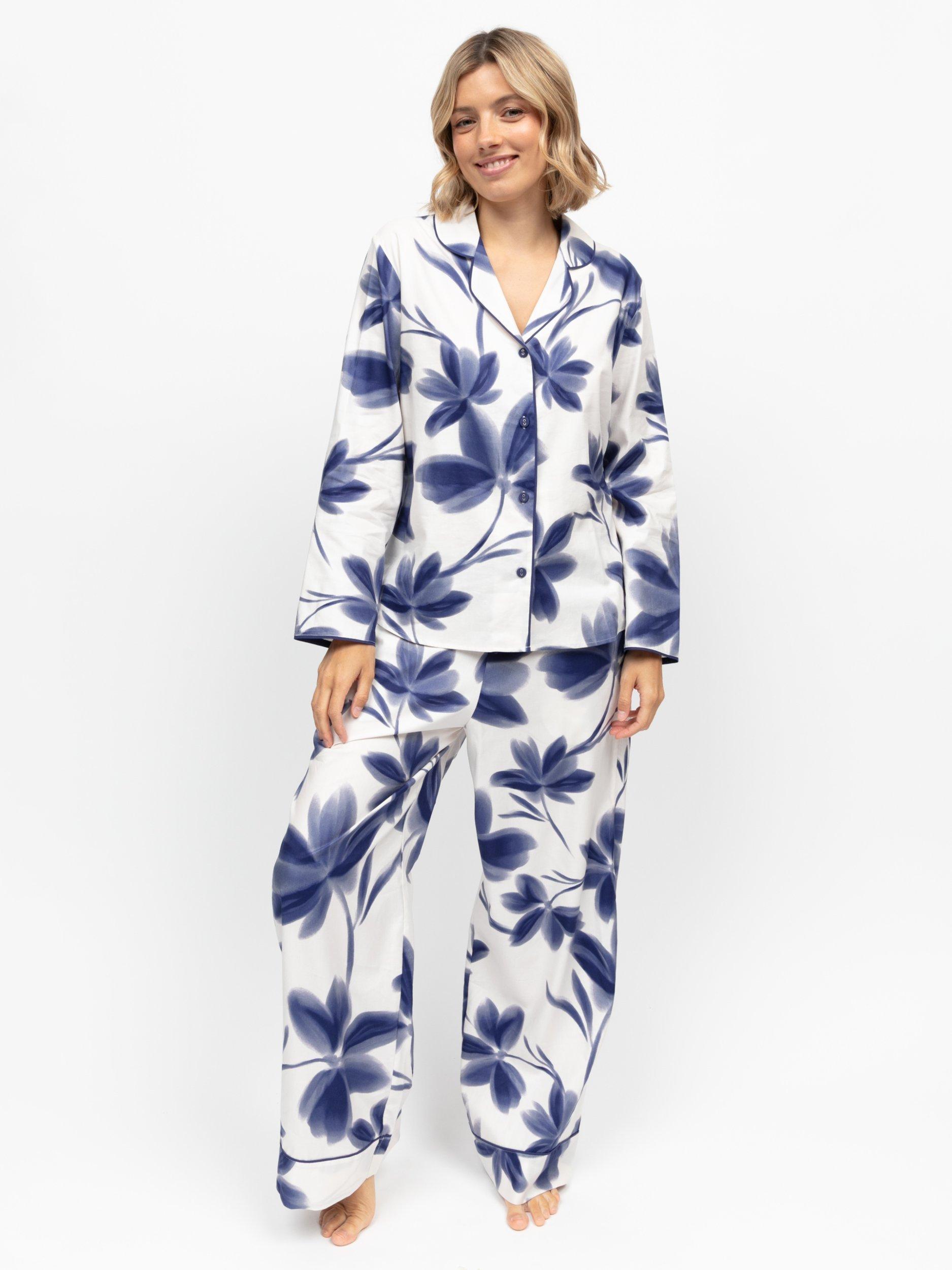 Product image 1 of 4, which shows Cyberjammies Floral Button Through Long Pyjama Set, Navy, 8