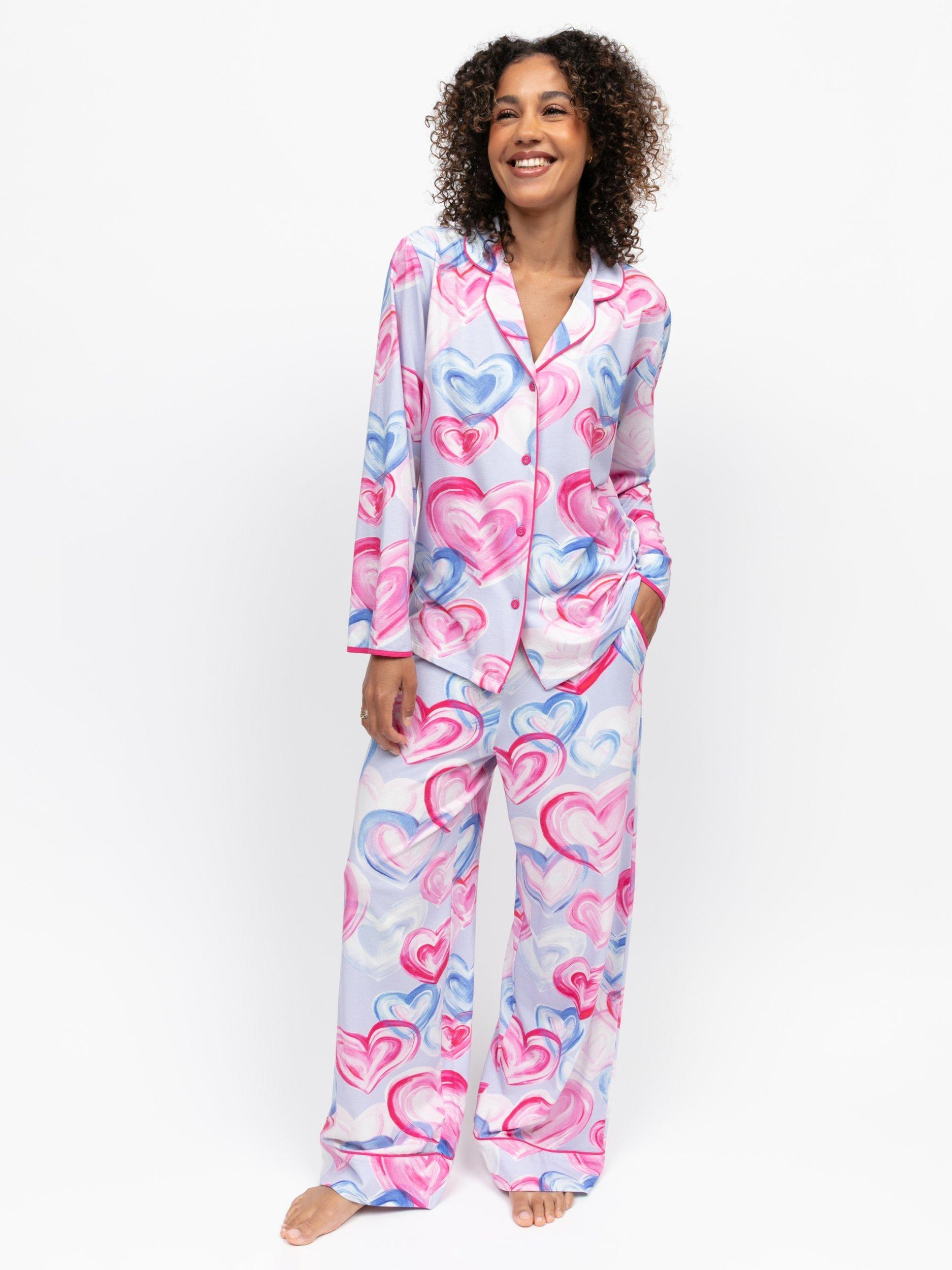 Product image 1 of 4, which shows Cyberjammies Chloe Heart Button Through Long Pyjama Set, Pink, 8