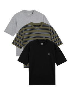 Lyle & Scott Striped & Plain Cotton Blend T-Shirt, Pack of 3, Olive/Grey/Black, Olivemid Greyblack