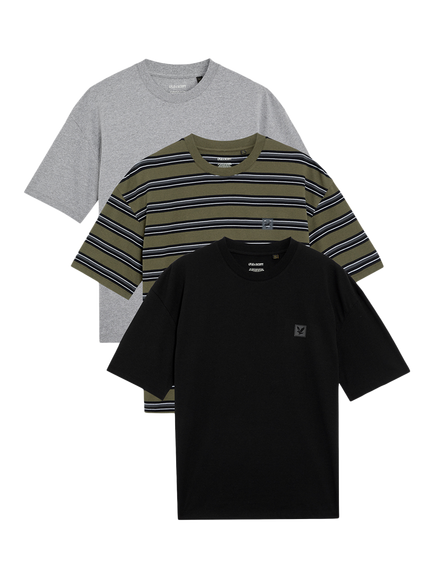 Lyle & Scott Striped & Plain Cotton Blend T-Shirt, Pack of 3, Olive/Grey/Black, Olivemid Greyblack