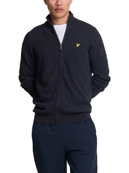 Lyle & Scott Lambswool Blend Zip Through Cardigan, Dark Navy Marl