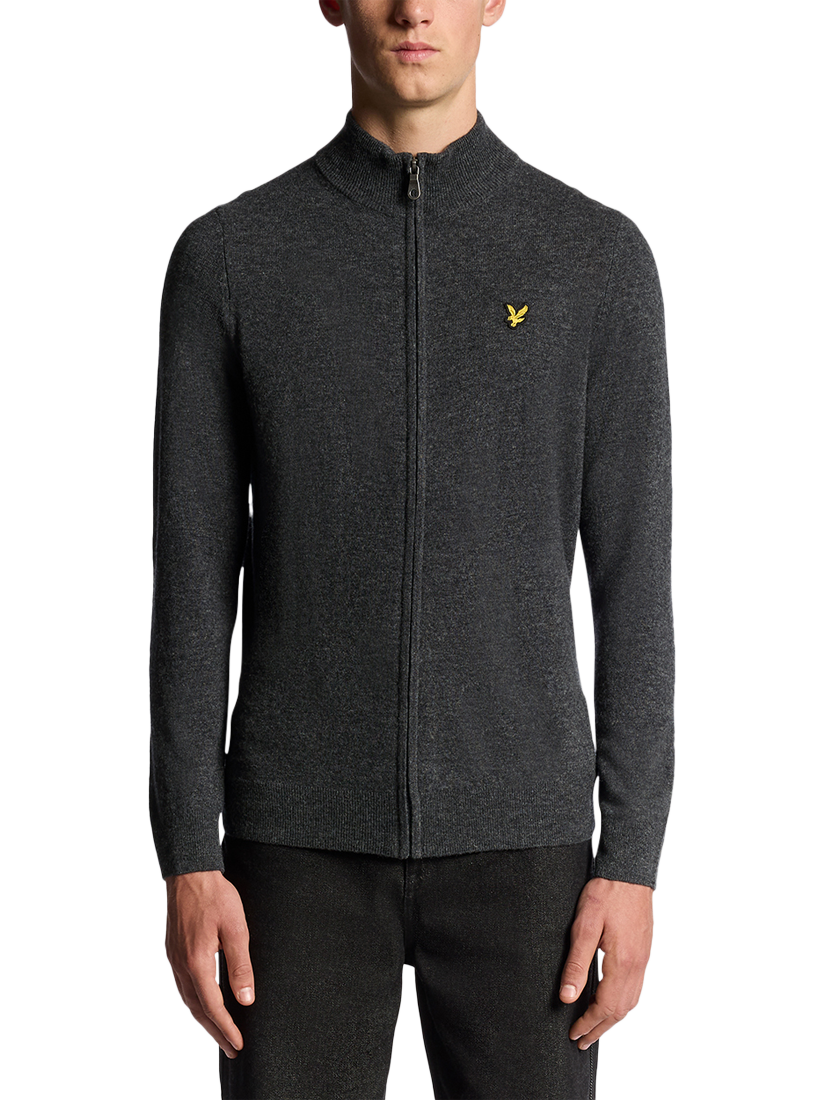 Product image 1 of 6, which shows Lyle & Scott Lambswool Blend Zip Through Cardigan, Charcoal Marl, XXL