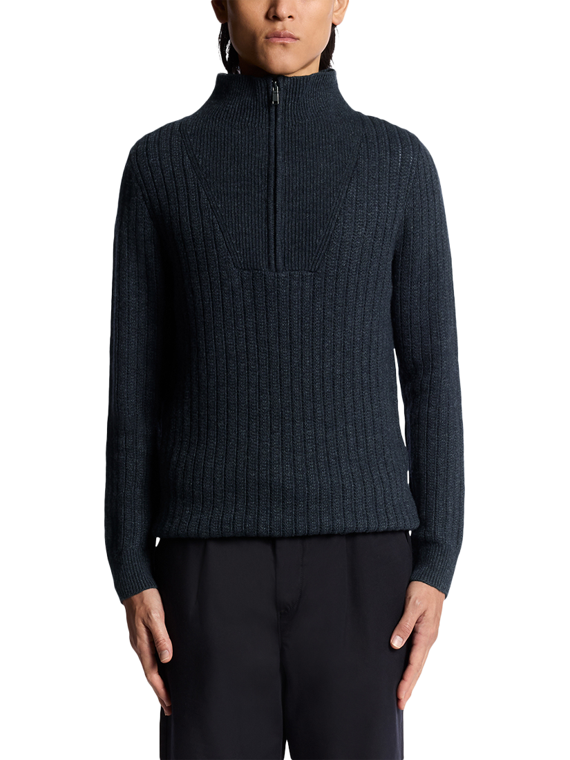 Product image 1 of 6, which shows Lyle & Scott Half Zip Ribbed Lambswool Blend Jumper, Dark Navy Marl, XL