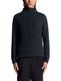 Lyle & Scott Half Zip Ribbed Lambswool Blend Jumper, Dark Navy Marl