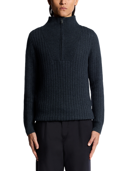 Lyle & Scott Half Zip Ribbed Lambswool Blend Jumper, Dark Navy Marl