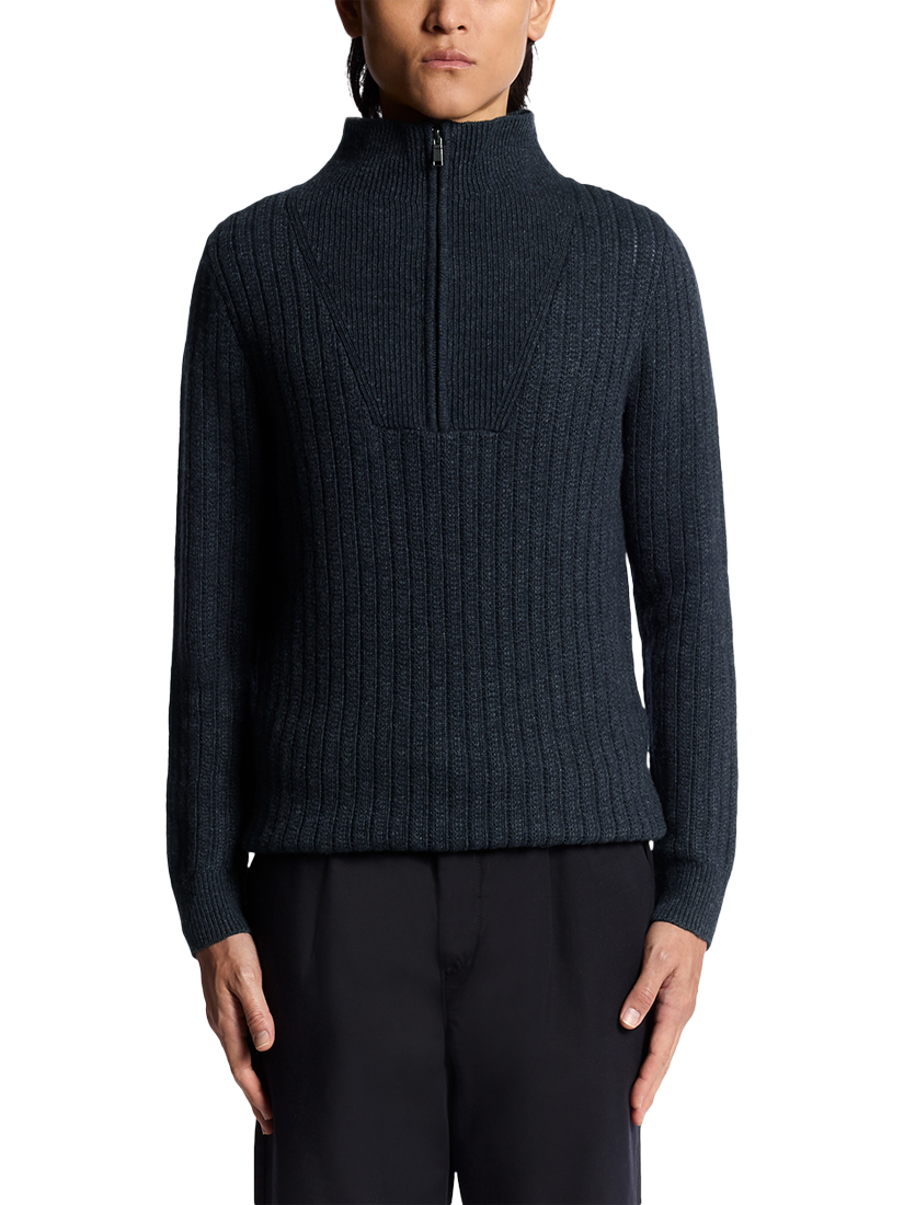 Product image 1 of 6, which shows Lyle & Scott Half Zip Ribbed Lambswool Blend Jumper, Carbon, XXL