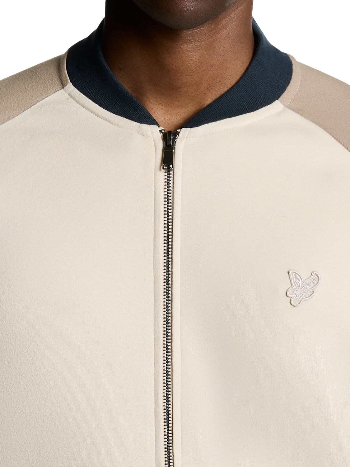 Product image 3 of 6, which shows Lyle & Scott Interlock Zip Front Cotton Bomber Jacket, Cobblestone, XS