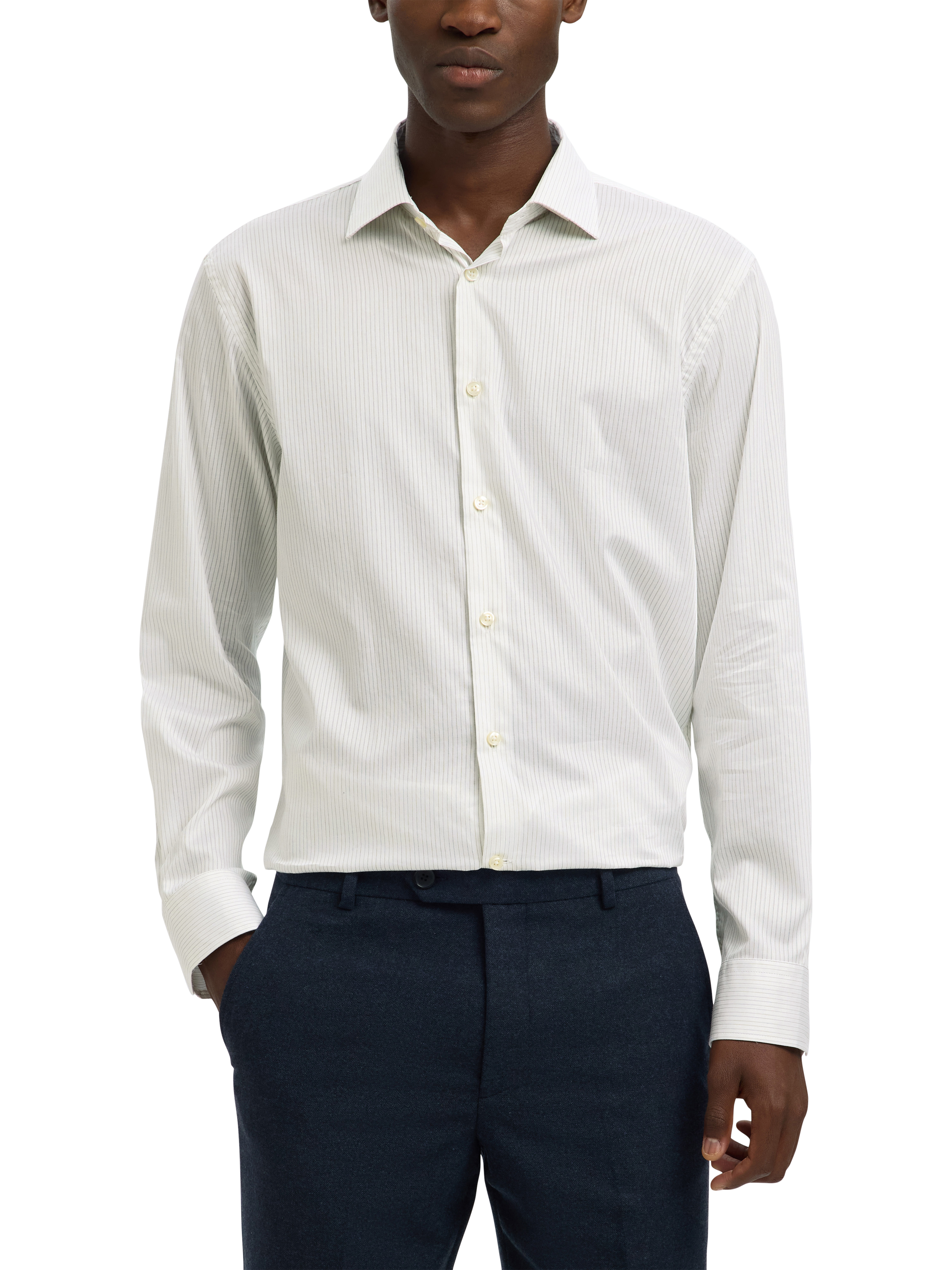 Product image 1 of 6, which shows Selected Regular Fit Cotton Stripe Shirt, White, S