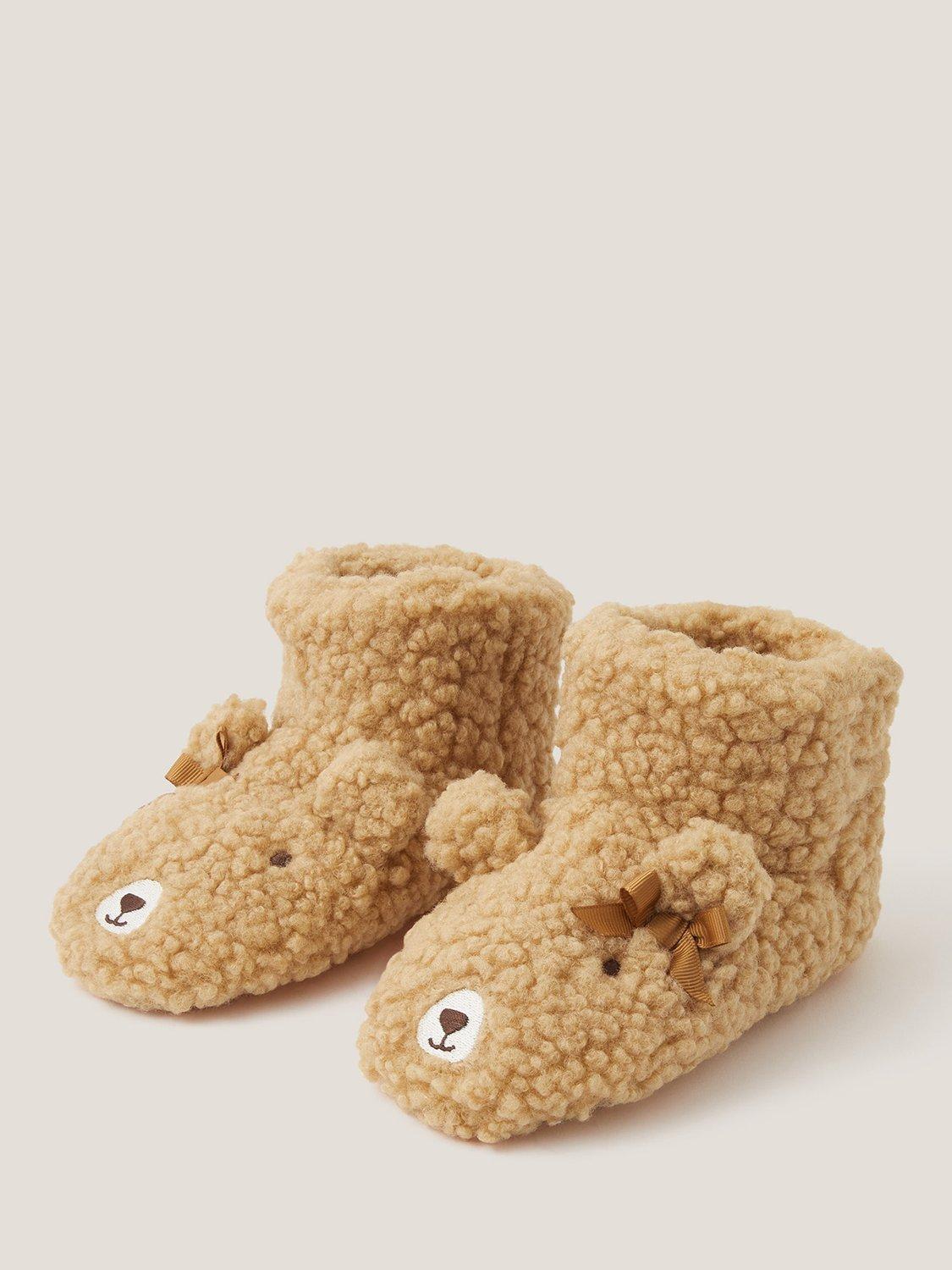 Product image 2 of 2, which shows Monsoon Kids' Teddy Bear Bow Slippers, Tan, 2-3