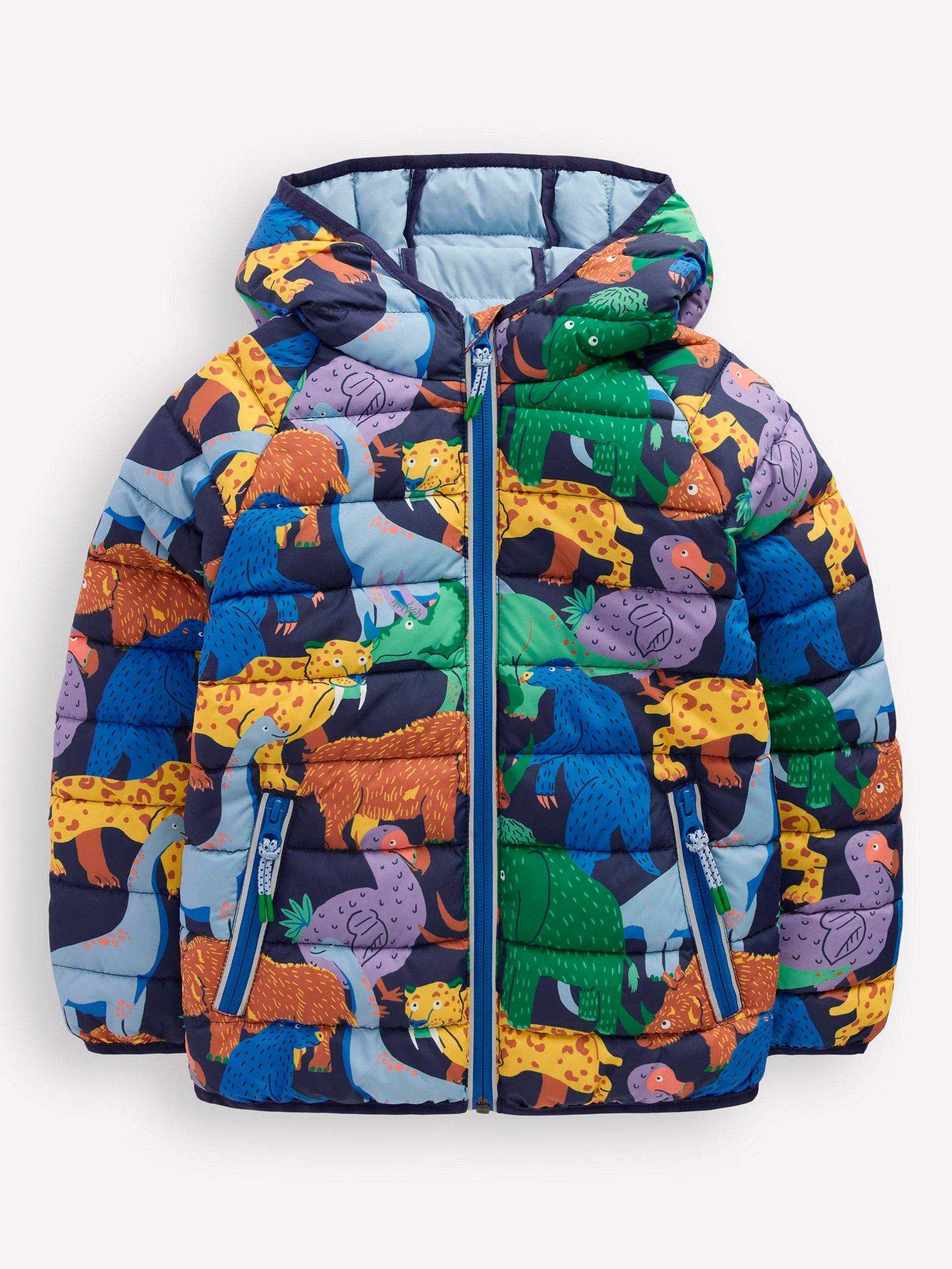 Product image 1 of 2, which shows Mini Boden Kids' Pack Away Padded Jacket, Prehistoric Animals, 10-11 years